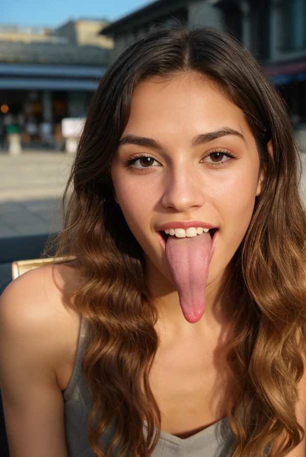 a woman, mid-twenty, (long tongue, open mouth, perfect teeth), uvula, cute, skin details, perfecteyes eyes, slim, long hair, curly hair, dark hair, symetric face, grey dress, sharp focus, 4K, seating at a restaurant, terrace, Paris, midday sun, backlit, triangle face, thin nose, pointy nose, almond eyes, dimples, full lips, beauty, eyeliner, wealth, medium shot (freckles:0.7) <lora:lora_perfecteyes_v1_from_v1_160:0.6> <lora:tng-all-v13:1>
