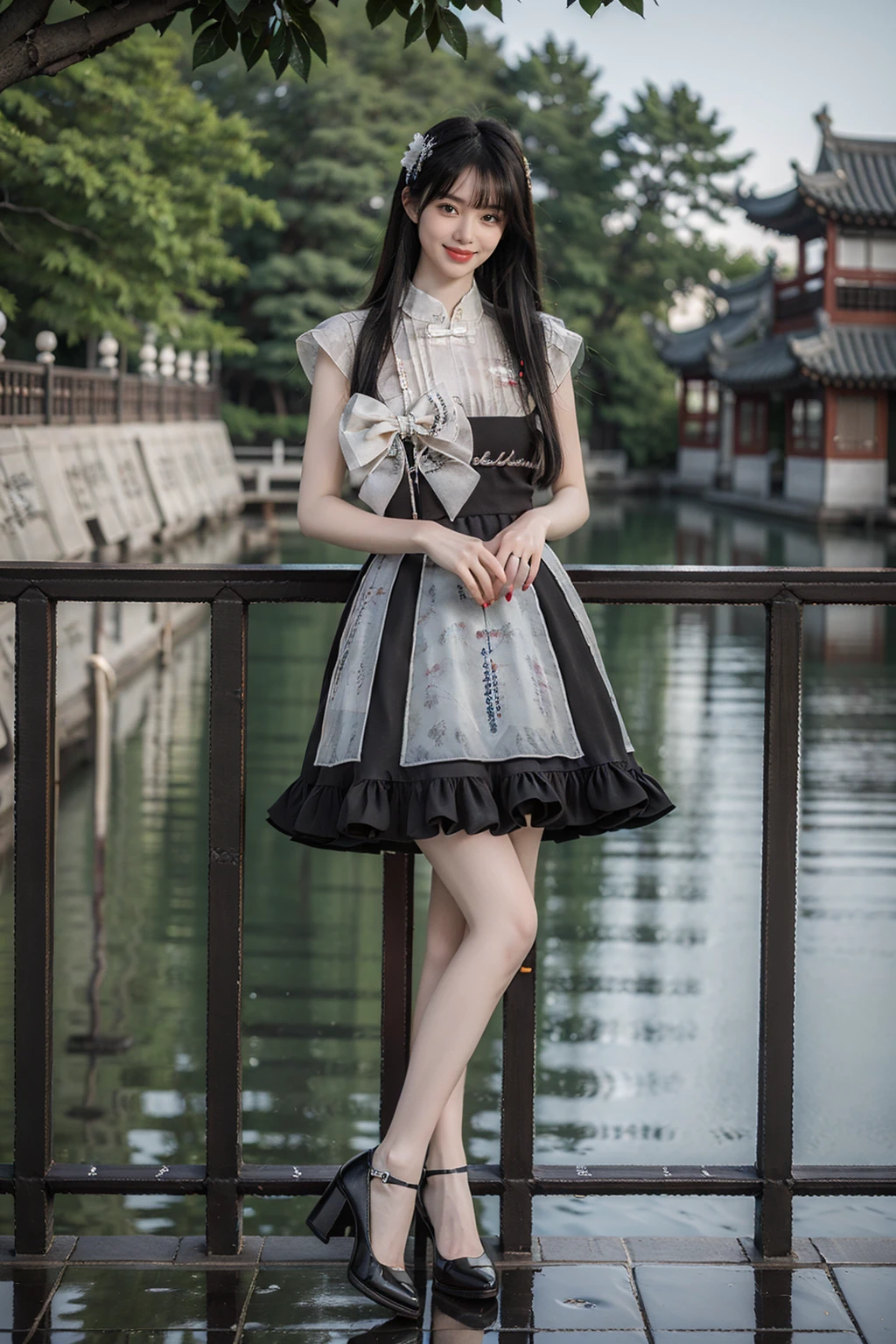 best quality, masterpiece, photorealistic, 1girl, solo, full body, standing, long black straight hair, blunt bangs, looking at viewer, smile, cyb dress, chinese clothes, high heels, detailed background, chinese garden, water, flower, tree, <lora:cns_dress_vol2_style4_v1:0.7>