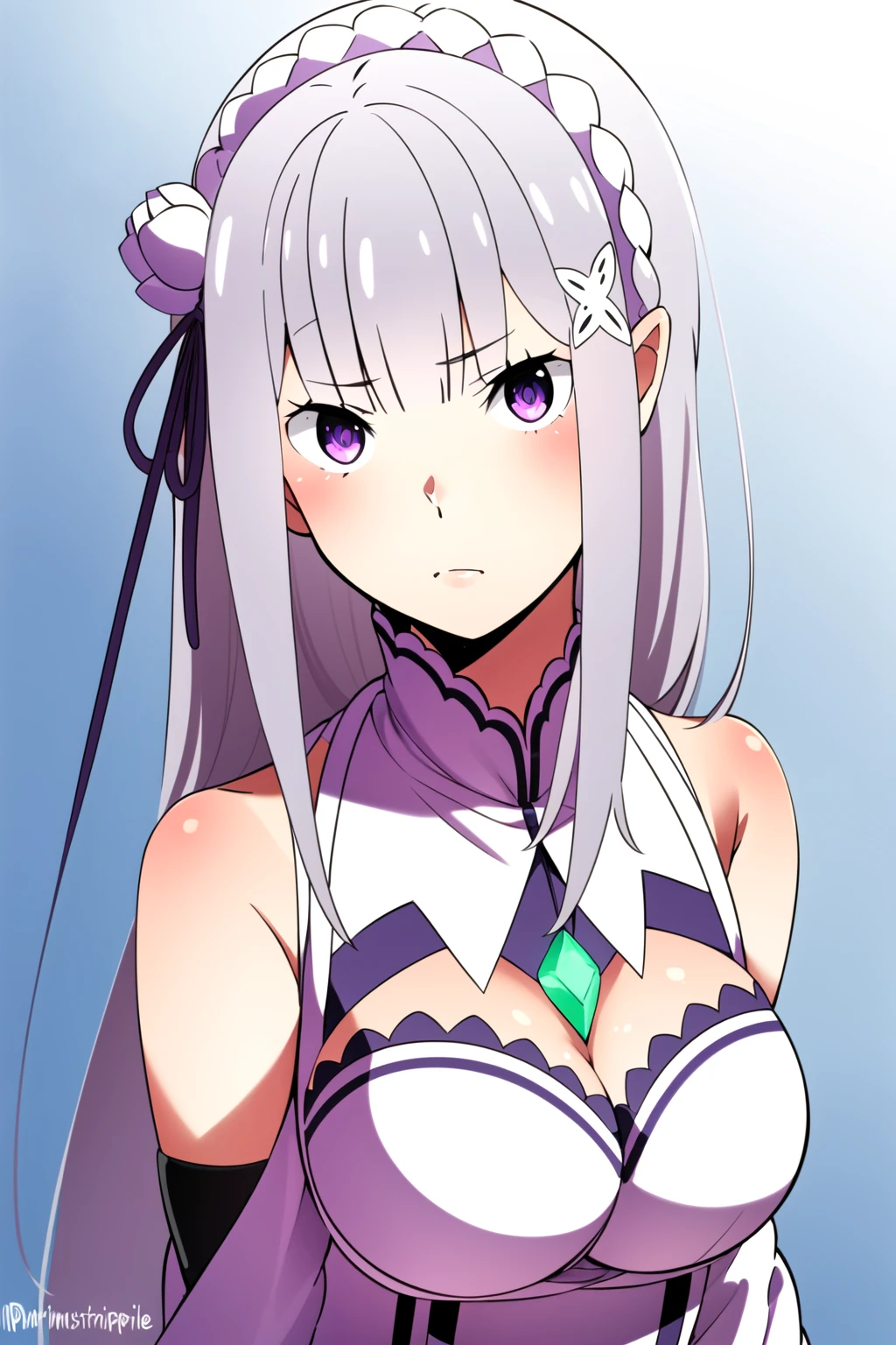 <lora:Emilia_V2-000040:1>, EmiliaReZero, 1girl, solo, serious face, upper body, extra detailed, masterpierce