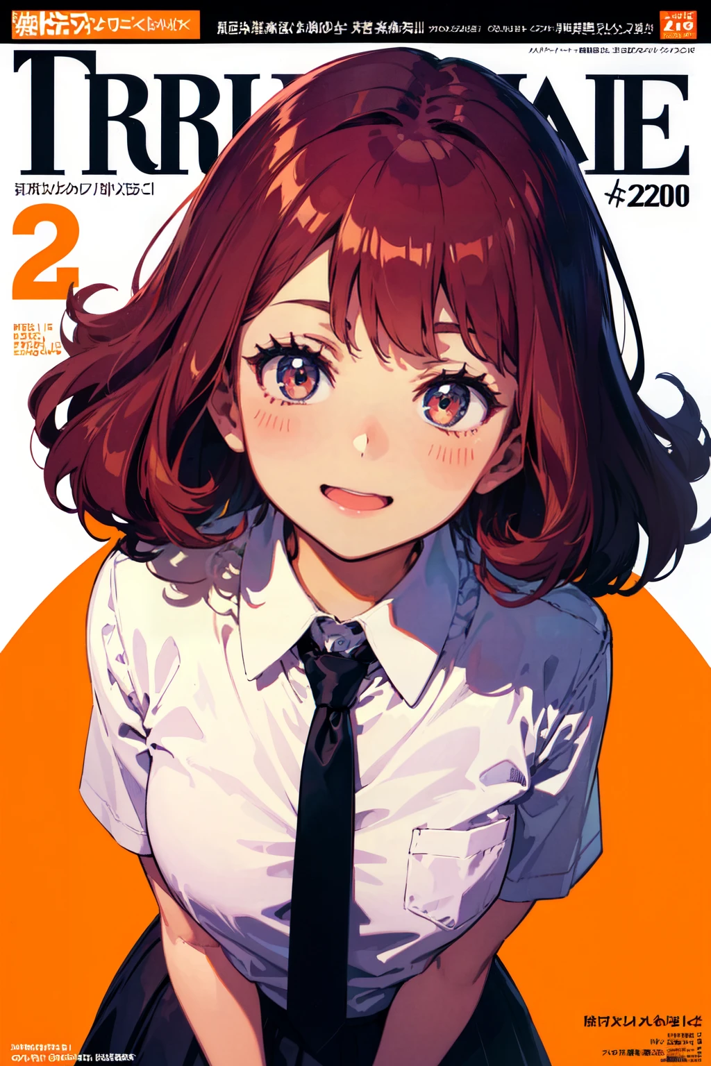 (best quality, masterpiece:1.1), (Intricate detailed:1.2), <lora:Better light:0.5>, ((upper body, (facing up:1.2), 1girl, joyful face, crimson hair, asymmetrical bangs, curly hair, tri tails, white collared shirt, black skirt, black necktie BREAK ( (magazine, magazine cover background, simple background:1.1)) in the background, ):0.8)