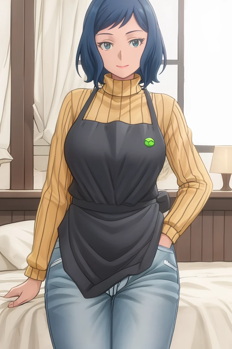 best quality, 
highly detailed, 
masterpiece, 
ultra-detailed, 
(bedroom:1.2), 
(photorealistic:1.1), 
rinko-iori, 
yellow sweater, 
wide hips, 
(black apron:1.1), 
cowboy shot, 
blue eyes, 
armband, 
standing, 
jeans, 
<lora:Rinko_Iori:0.8>,