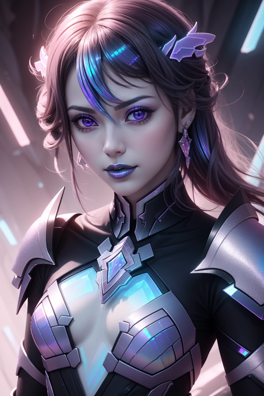 ((best quality)), masterpiece:1.3, girl, small breasts, <lora:DemonicTech-20:.6> demonictech, ((((iridescent)))), shiny, cleavage,sexy pose,glowingrunesai_pink, asymmetrical, <lora:gl0w1ngR3(1)Civit:0.5>