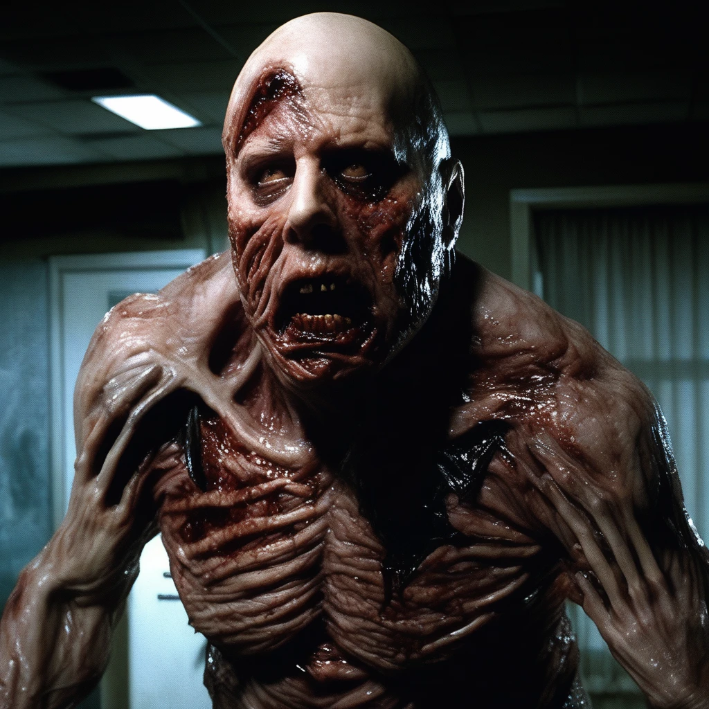 man FullMetamorphosis  <lora:BodyHorror:1.0>,  (high detailed skin_1.2), 8k uhd, dslr, sharp, cinematic lighting, 1980s body horror film