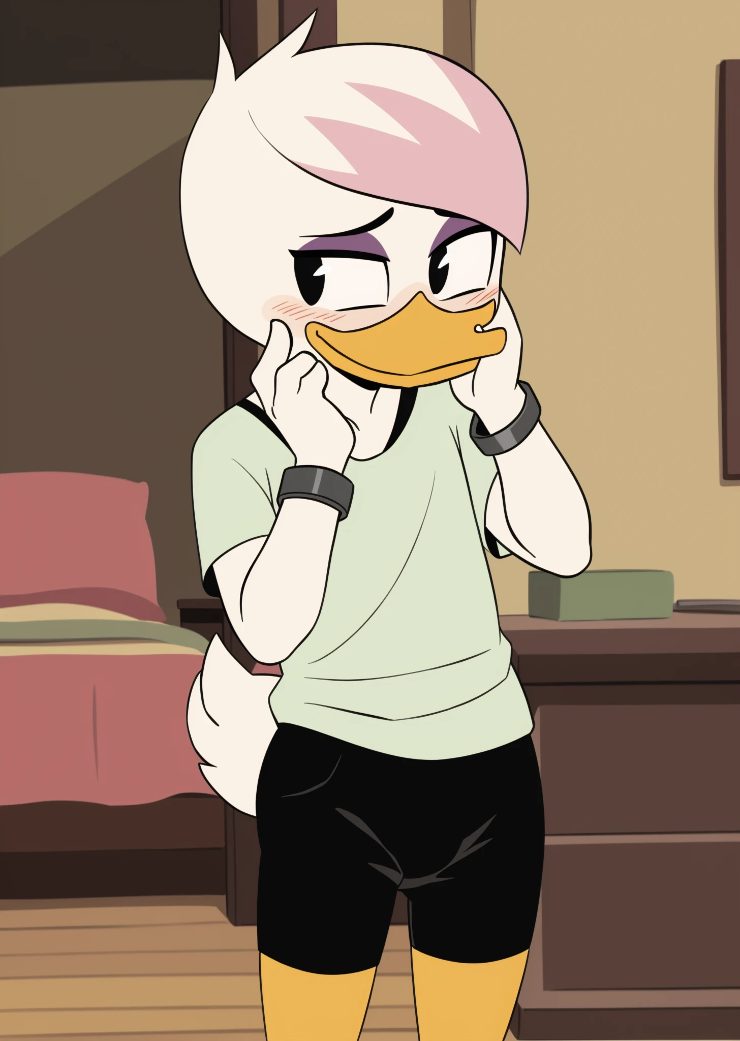 <lora:Lena Sabrewing V1:0.6> (by drockdraw:1.2) (by chelodoy:1) (by ashraely:1) lena sabrewing, white skin, white hair, pink highlights, light green shirt, bracelet, orange legs:1.2, black eyes, scut tail, ducktales, short hair, standing, solo:1.2, duck, beak, black shorts, tight shorts, hand on chin, eyeliner, purple eyeshadow, bra strap, (bedroom:1.2) looking aside (embarrassed, blush, smile:1.2)