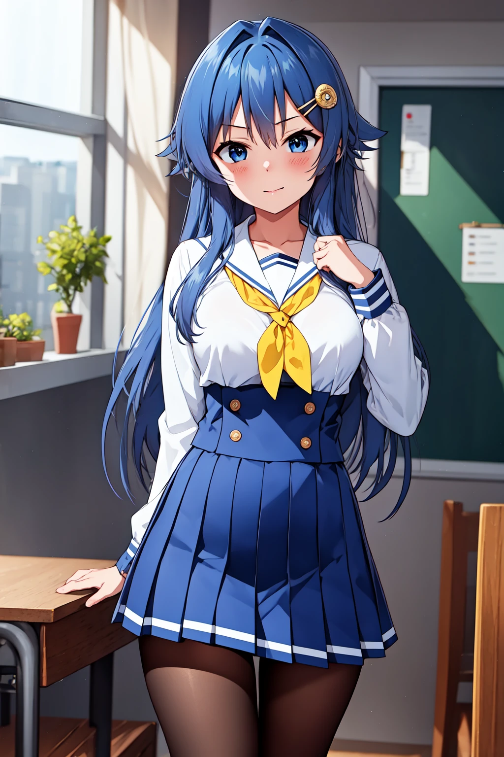 1girl, 
kotone, blue eyes, blue hair, long hair, coin hair ornament, hairclip, long sleeves, pantyhose, school uniform, yellow neckerchief, pleated skirt, <lora:kotone_lora_ver1:0.8>, best quality, masterpiece, highres,