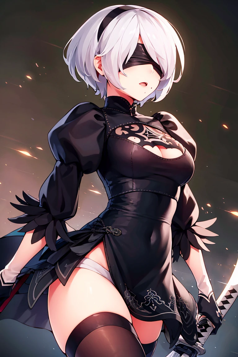 <lora:ricegnat_style:0.8>,((masterpiece,best quality)), absurdres, hm2b, black blindfold, covered eyes, mole under mouth, clothing cutout, long sleeves, puffy sleeves, juliet sleeves, feather trim, black thighhighs, black gloves, black dress, black skirt, thigh boots, <lora:y2b_v2-1:0.7>, holding weapon, katana, night, cyberpunk,