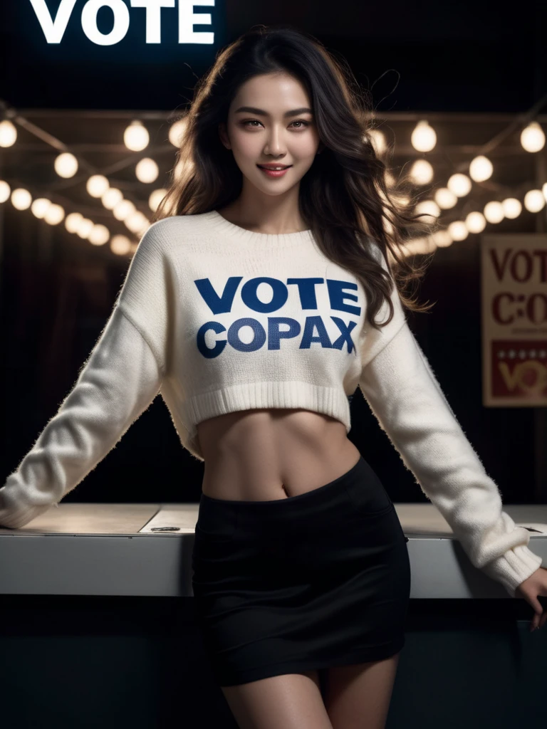 Best quality, high detail, ultra high resolution, true skin texture, original photo, highly realistic, night, dark shadow, low profile, cold light, an oriental girl, with a sign that says (vote copax:1.9), exquisite facial features, smile, white teeth, thin chain decoration, light color sweater, bust, breast beauty, hot figure, long and long hair, fluffy big wavy hairstyle, a lot of hair covering the chest, long legs, side, look at the camera. Full-body lens, depth of field, panoramic view.