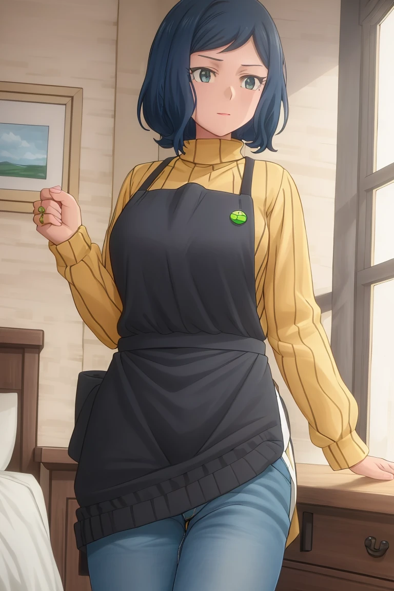 best quality, 
highly detailed, 
masterpiece, 
ultra-detailed, 
(bedroom:1.2), 
rinko-iori, 
yellow sweater, 
wide hips, 
(black apron:1.1), 
cowboy shot, 
blue eyes, 
armband, 
standing, 
jeans, 
<lora:Rinko_Iori:0.8>,