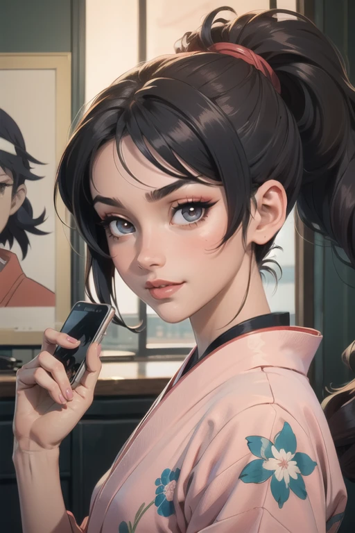 ((masterpiece)),(illustration),best quality,delicate details,refined rendering,Anime style,((Guido Daniele)),comic,((Japan Anime style)),((Menga style)),(((Toon style))),close-up view,1girl,kimono,((solo)),beautiful face,real skin texture,well-proportioned hands,standing,eyeliner,eyelashes,lipstick,eyeshadow,make up,nail polish,hair over eyes,high ponytail,two side up,Seductive Smile,Looking At Phone,