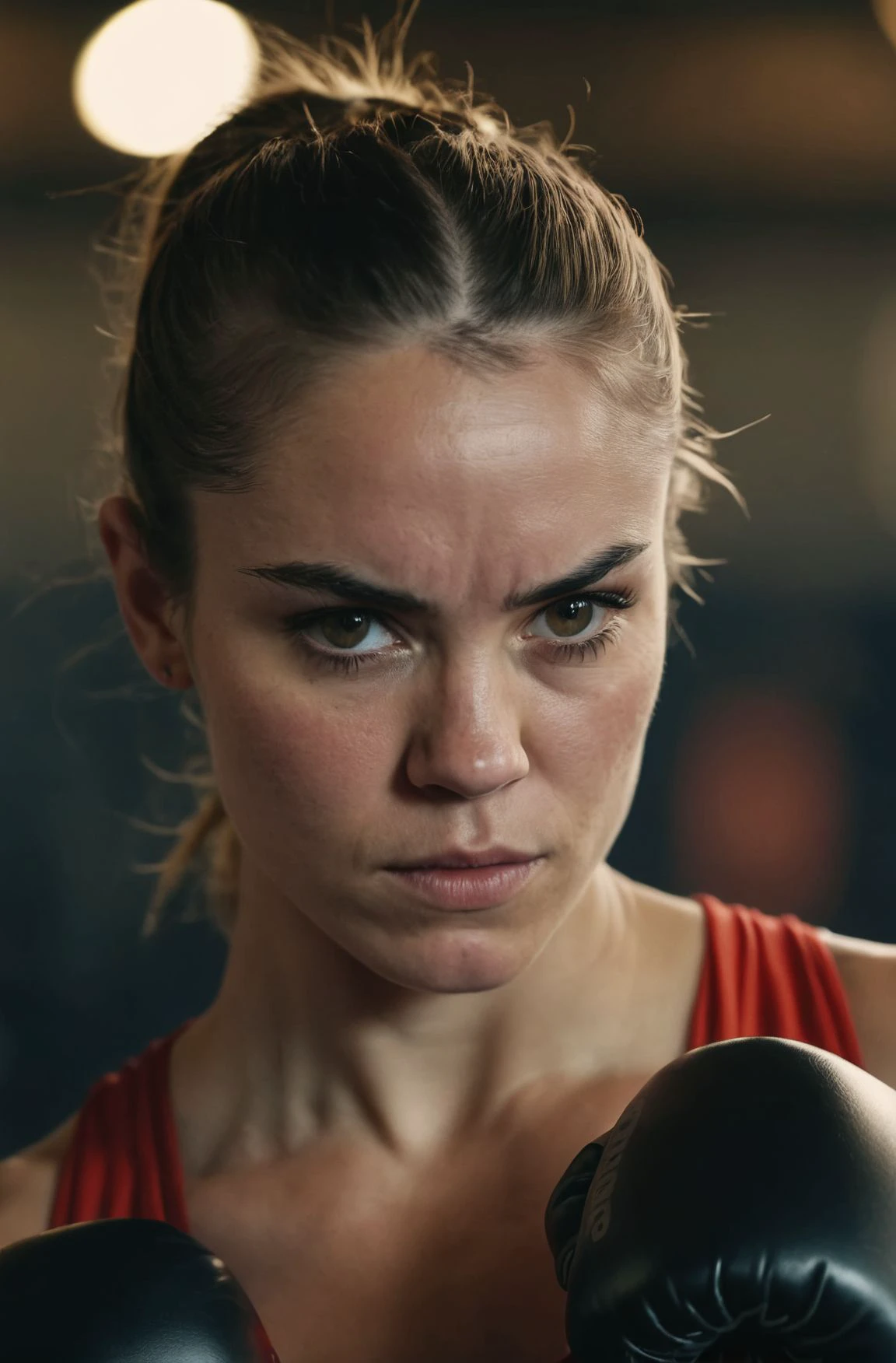 photograph close up portrait of Female boxer training, serious, stoic cinematic 4k epic detailed 4k epic detailed photograph shot on kodak detailed bokeh cinematic hbo dark moody