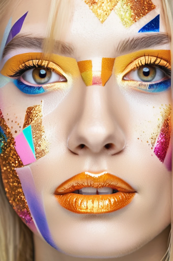 portrait photo of an 20 years old european blonde haired woman, style \(artistic makeup with colored geometric shapes and glitter\), 8k, uhd, realistic, detailed skin, insane detailed, Illumination daylight, , <lora:makeup_050_cosine_iter2_ 0001_sdxl_deamon_10epoches_adafactor-step00008200:0.8>