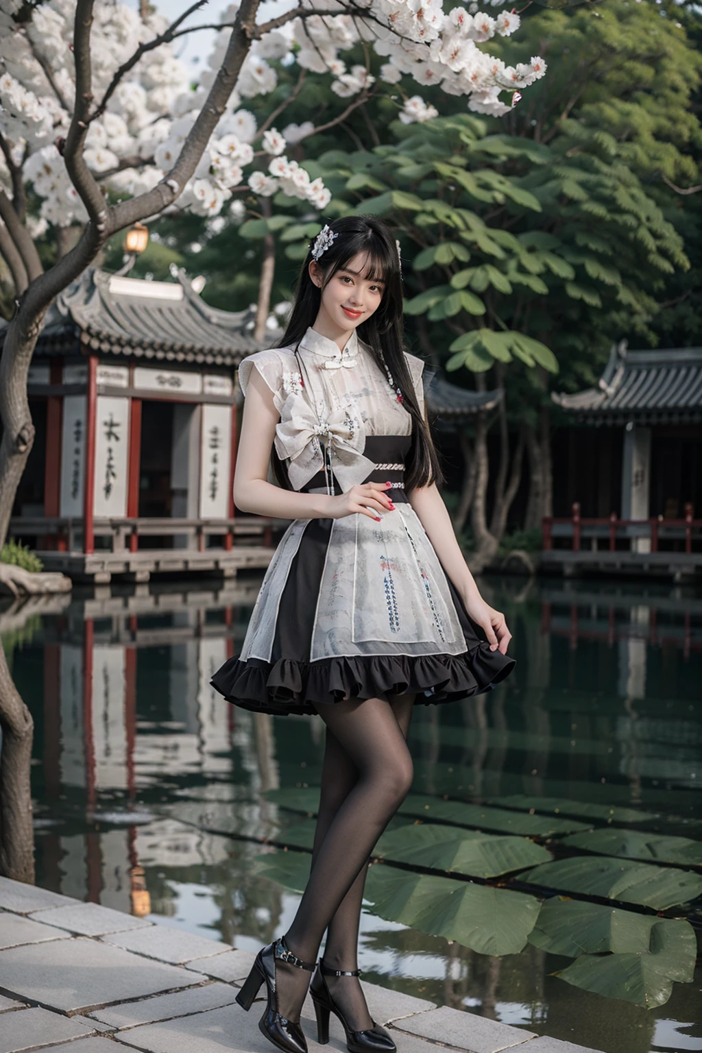 best quality, masterpiece, photorealistic, 1girl, solo, full body, standing, long black straight hair, blunt bangs, looking at viewer, smile, cyb dress, chinese clothes, black pantyhose, high heels, detailed background, chinese garden, water, flower, tree, <lora:cns_dress_vol2_style4_v1:0.7>