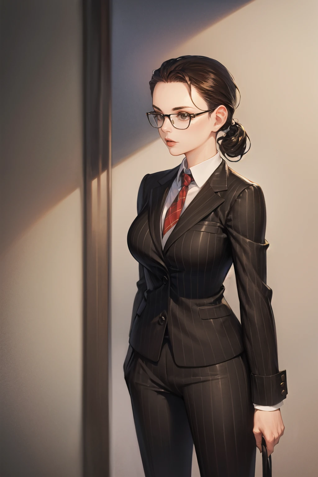 mature woman wearing black pinstripe suit standing in office, ((solo)), <lora:MorryStyleAny:0.85>