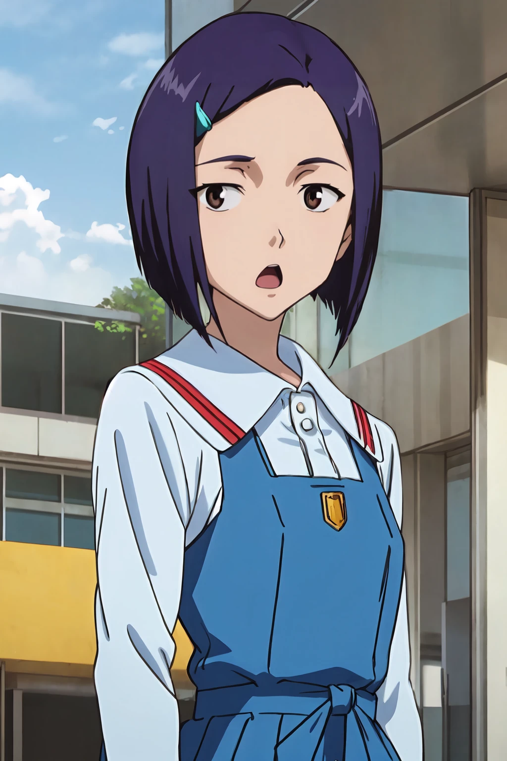 (masterpiece, best quality:1.2), highres, anime screencap, anime coloring, 1girl, solo, :o, open mouth,
Tomoyo_Kurobe, purple hair, short hair, bob cut, black eyes, brown eyes, small breasts, hair ornament, hairclip,
school uniform, (blue dress:1.1), pinafore dress, white shirt, long sleeves,
standing,
outdoors, upper body, head on,
<lora:add_detail_CyberAlchemist:0.4>, <lora:GoodHands-beta2:1.0>, <lora:TomoyoKurobe-000010:1>