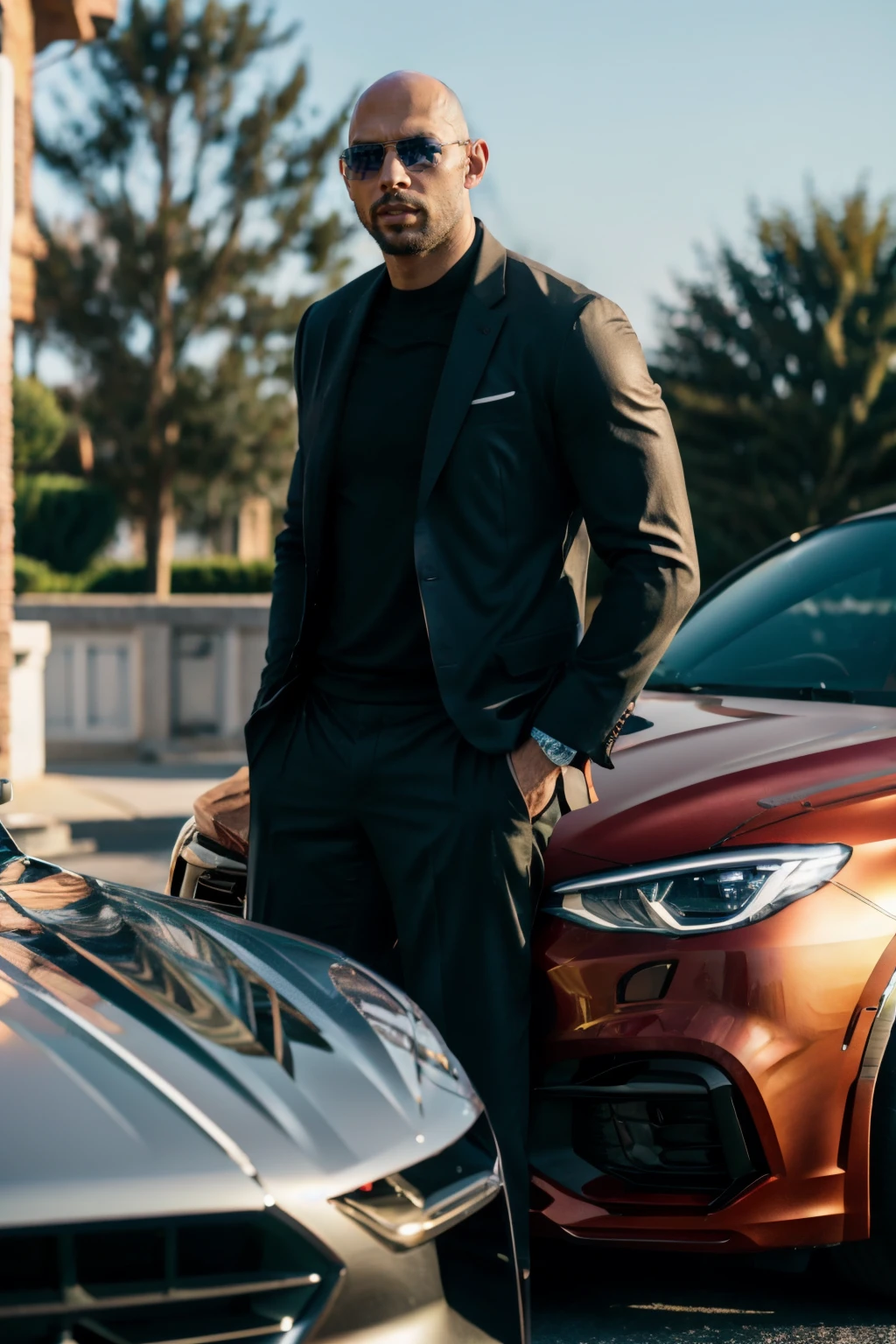 andrewtate, a bald man, wearing a suit, sunglasses, next to a car <lora:andrewtate2:0.8>