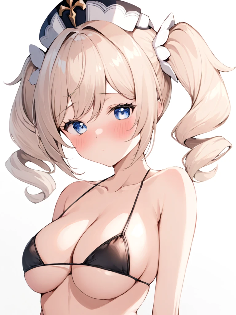 ultra-detailed,(best quality),((masterpiece)),(highres),extremely,<lora:Barbarax_xl:1>,Barbara,1girl,breasts,solo,navel,bikini,swimsuit,twintails,looking at viewer,hat,medium breasts,black bikini,blush,upper body,bare shoulders,stomach,collarbone,closed mouth,twin drills,white background,simple background,arms behind back,white headwear,cleavage,