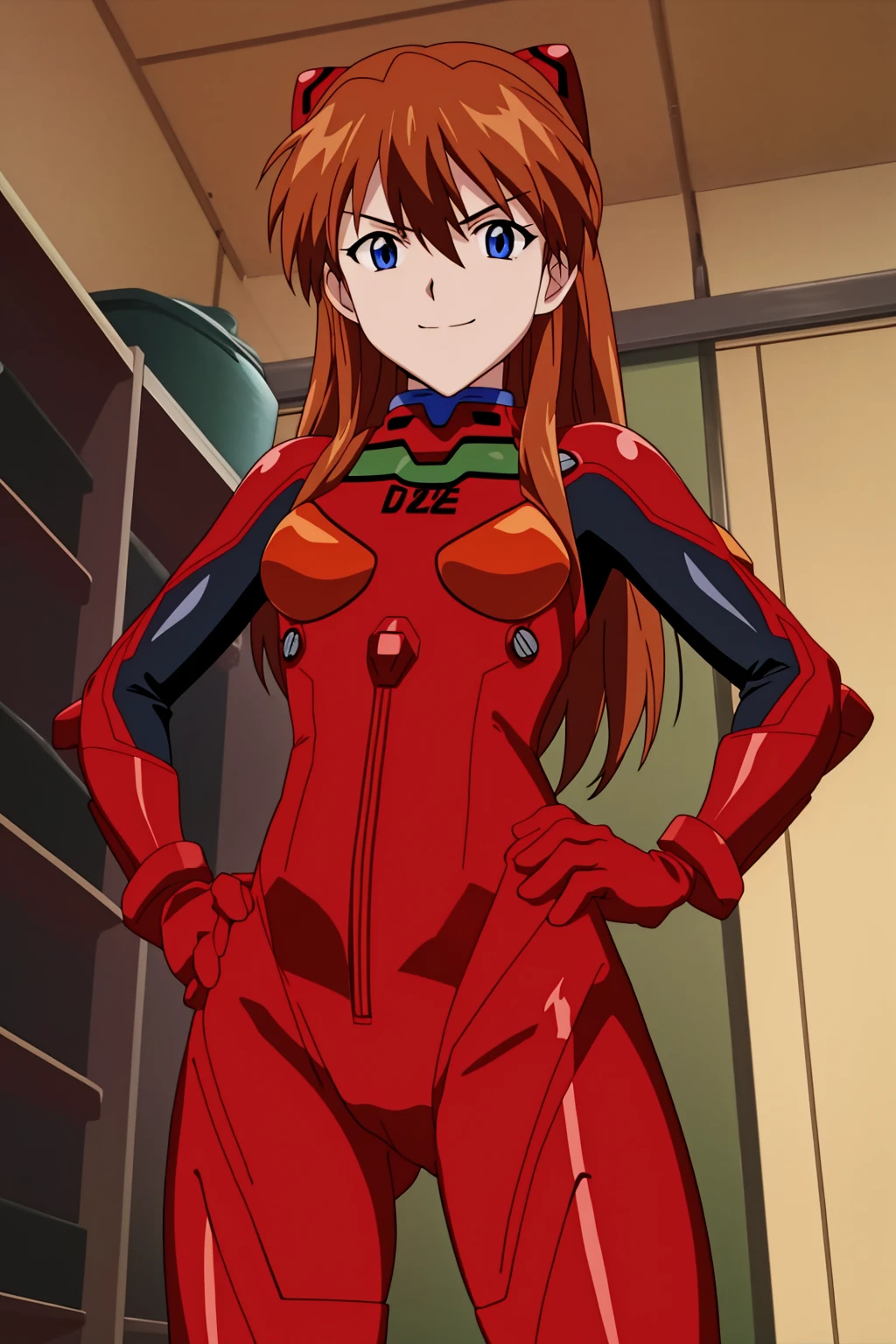 asuka, 1girl, solo, long_hair, breasts, looking_at_viewer, smile, closet_mouth, bangs, blue_eyes, orange_brown_hair, gloves, hair_between_eyes, standing, cowboy_shot, small_breasts, v-shaped_eyebrows, bodysuit, turtleneck, headgear, from_below, happy, legs_apart, hands_on_hips, pilot_suit, bracer, plugsuit, red_bodysuit