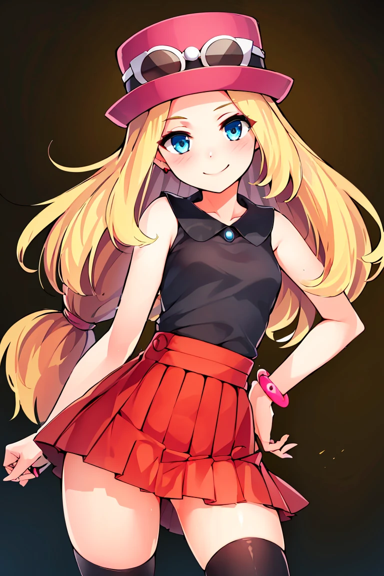 <lora:ricegnat_style:0.8>,((masterpiece,best quality)), absurdres, <lora:serena_v1:0.7>, serena \(pokemon\), 1girl, long hair, blue eyes, thighhighs, long hair, hat, jewelry, bracelet, black thighhighs, collared shirt, pleated skirt, red skirt, sleeveless, high-waist skirt, sleeveless shirt, eyelashes, pink headwear, black shirt, eyewear on headwear, solo, smiling, looking at viewer, cowboy shot, cinematic composition, contrapposto,