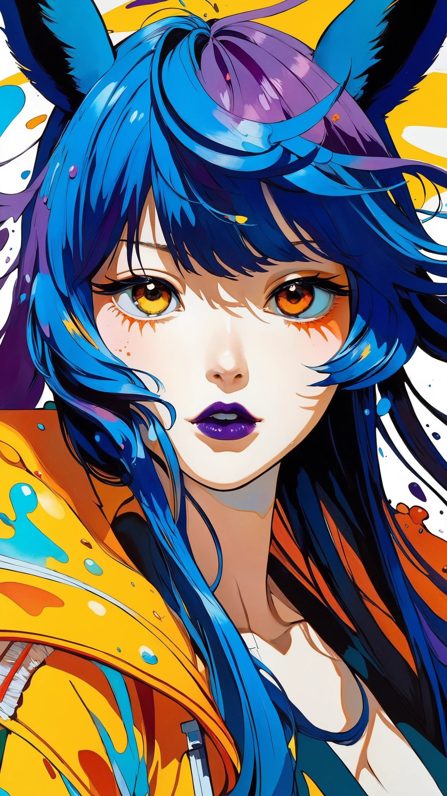 dark blue with purple shades, splatter of yellow and orange, spitting white llama, solo portrait, masterpiece, best quality, vivid colors, 35mm film, 8k uhd, hdr, Mab Graves vs Dan Mumford, realistic, Jack Hughes, intricately detailed eyes, splashy splash, detailed hair, intricate details in hair, Hajime no Ippo, Miho Hirano, Ryan Hewett, extremely detailed