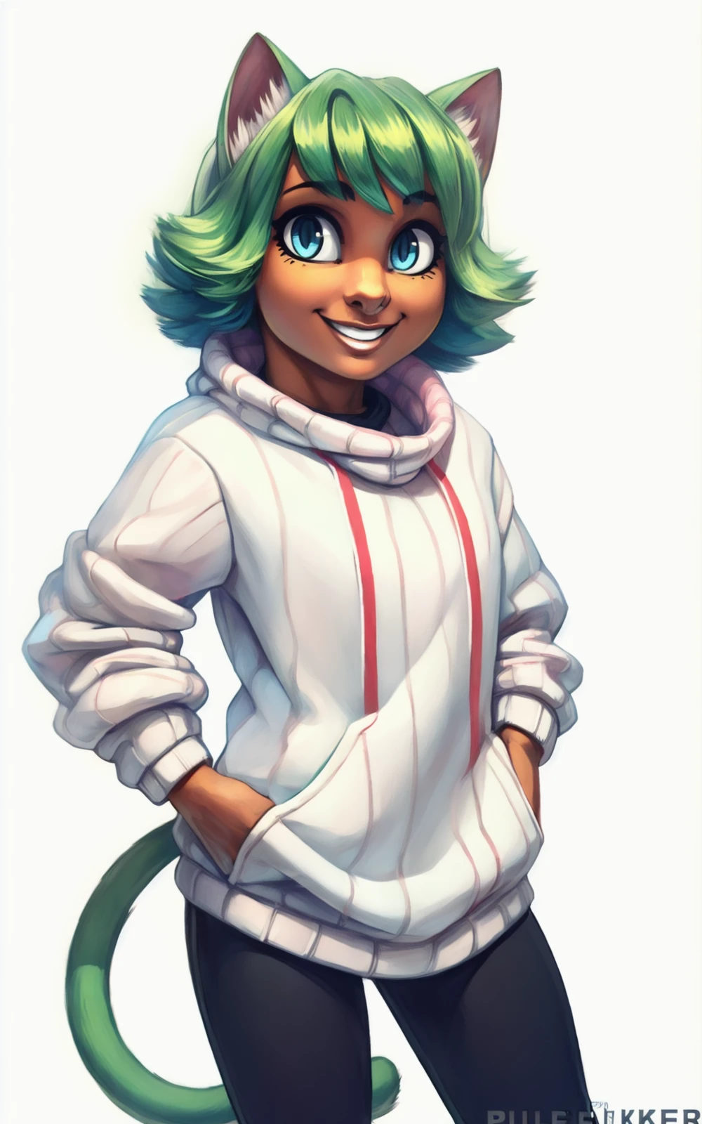 8k.4k,((Best quality, masterpiece, ultra high resolution)),((full body)),standing,by pixelsketcher, <lora:Lu:1.1>,lu,animal ears, two tails, cat ears, cat tail, green hair, dark-skinned female, cat girl, dark skin, short hair, slit pupils, blue eyes,white sweater, leggings, (human),blue footwear,white background,smile,1girl