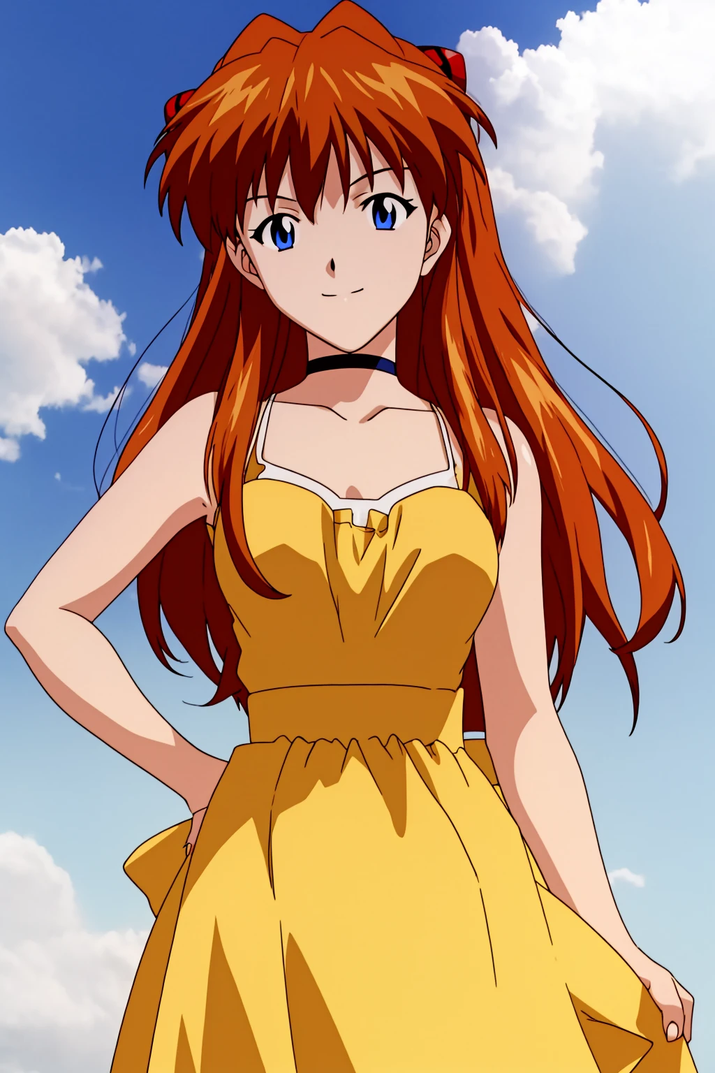 asuka, 1girl, solo, long_hair, smile, blue_eyes, brown_hair, dress, sky, choker, day, cloud, orange_hair, hand_on_hip, sundress, yellow_dress, interface_headset