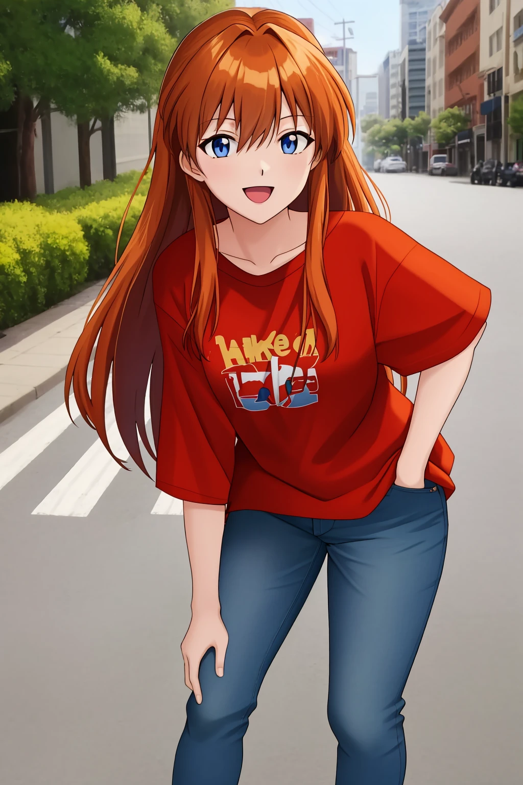asuka, 1girl, solo, long_hair, breasts, looking_at_viewer, smile, bangs, blue_eyes, orange_brown_hair, small_breasts, red_shirt, blue_jeans, outdoor, city, street, :d, leaning_forward