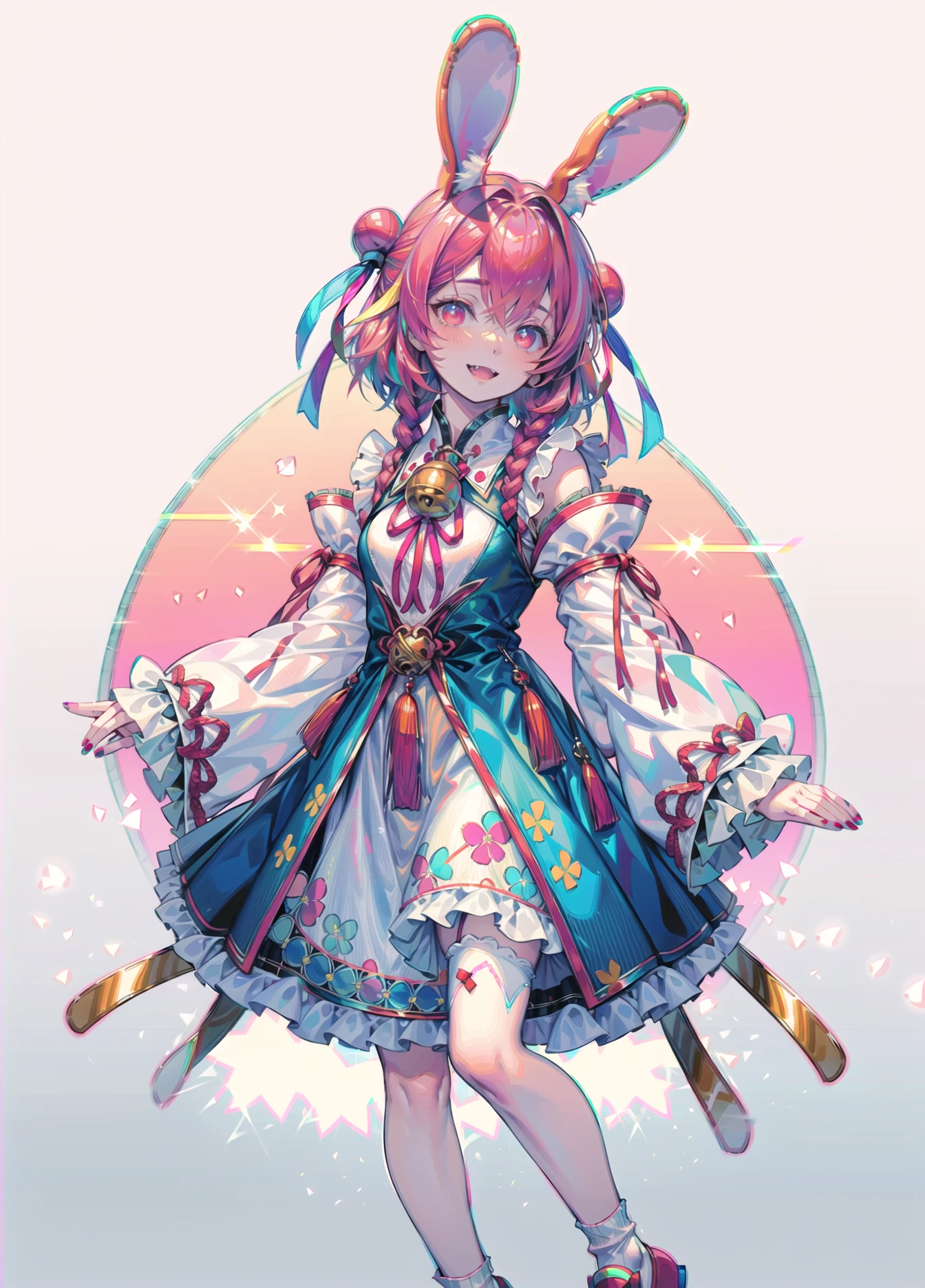 <lora:ATNR STYLE:0.9>,
masterpiece,best quality,,(realistic:1.3),lips,eyelashes, nose,
,(atnr:1.5),(chromatic aberration:1.4) ,, 1girl, pink hair, animal ears, double bun, open mouth, fang, bell, smile, braid, chinese clothes, long sleeves, wide sleeves, dress, white legwear, bloomers, pink eyes, black dress, animal ear fluff, full body, eyebrows visible through hair, bangs, pink footwear, solo, frills, ofuda, rabbit ears, detached sleeves, shoes, jingle bell, virtual youtuber, looking at viewer, grey background, socks, underwear, :d, sleeves past wrists, blush, jiangshi, white bloomers, loose socks, blue nails, multicolored hair, symbol-shaped pupils, frilled sleeves, bow, twin braids, black bow, blue hair, stuffed toy, sidelocks, nail polish, skin fang, bandaid, standing on one leg, white background, stuffed bunny, stuffed animal, frilled dress, hair between eyes, hair ribbon, floral print