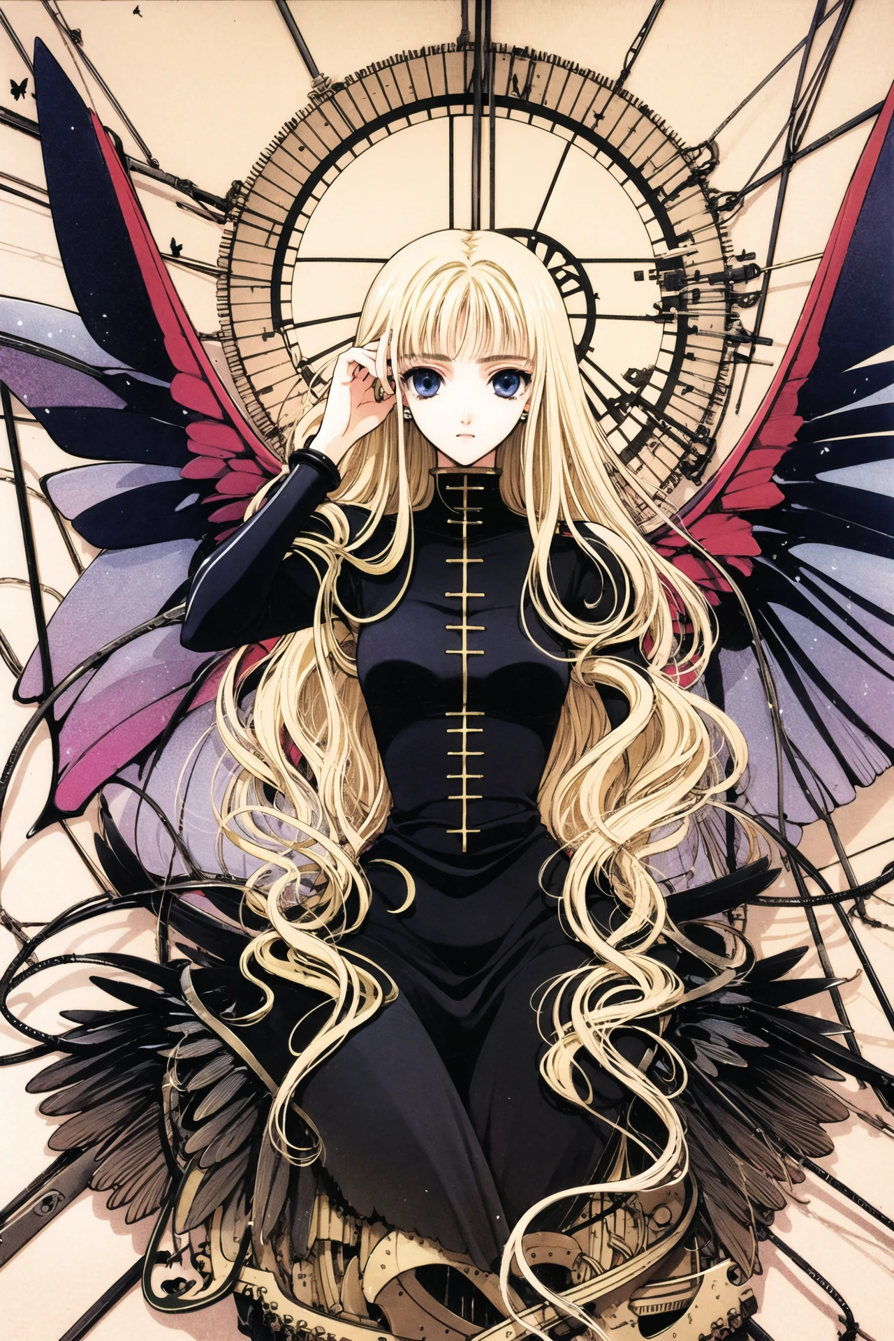 clover, 1girl, solo, blonde hair, long hair, curly hair, wings, dress, blue eyes, black dress, sitting, very long hair, mechanical wings, cable, blunt bangs, bangs, long sleeves, butterfly wings,<lora:clover:0.8>