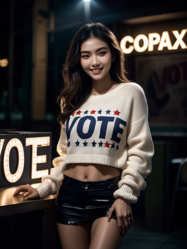 Best quality, high detail, ultra high resolution, true skin texture, original photo, highly realistic, night, dark shadow, low profile, cold light, an oriental girl,  with a sign that says (vote copax:1.9), exquisite facial features, smile, white teeth, thin chain decoration, light color sweater, bust, breast beauty, hot figure, long and long hair, fluffy big wavy hairstyle, a lot of hair covering the chest, long legs, side, look at the camera. Full-body lens, depth of field, panoramic view.