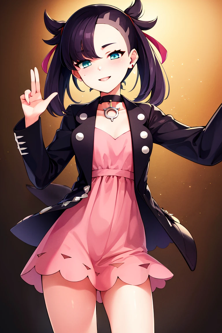 <lora:ricegnat_style:0.8>,((masterpiece,best quality)), absurdres, <lora:marnie_v1:0.7>, hmmarnie, aqua eyes, black choker, red ribbon, pink dress, jewelry, black jacket, open clothes, long sleeves, solo, smiling, looking at viewer, cowboy shot, cinematic composition, contrapposto,