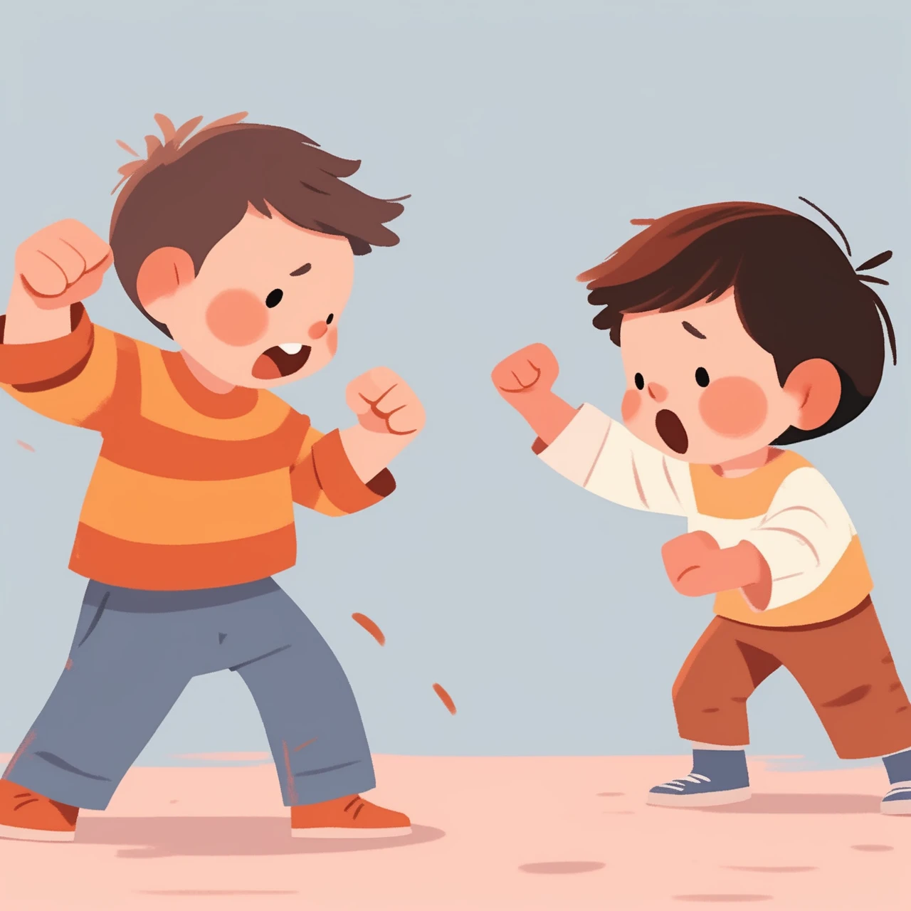 <lora:children huiben11-20231007-000006:0.75>,children's picture books,crayon paintings,blush,white background,simple background,
A boy is fighting with another man,raising his fists,