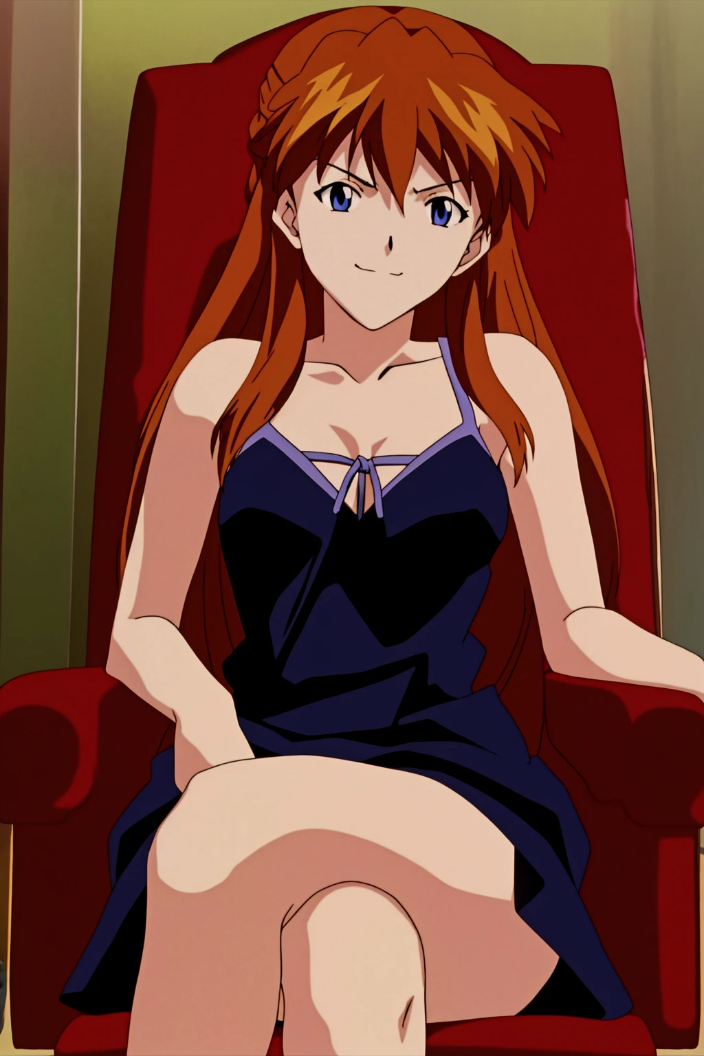 (Masterpiece of Art, best quality specialist), 1 girl , Nobara Kugusaki, Dazzling, sitting on the bad , in room, sexy dress, , smile, another, another,orange hair , Look like Nobara , showing her legs