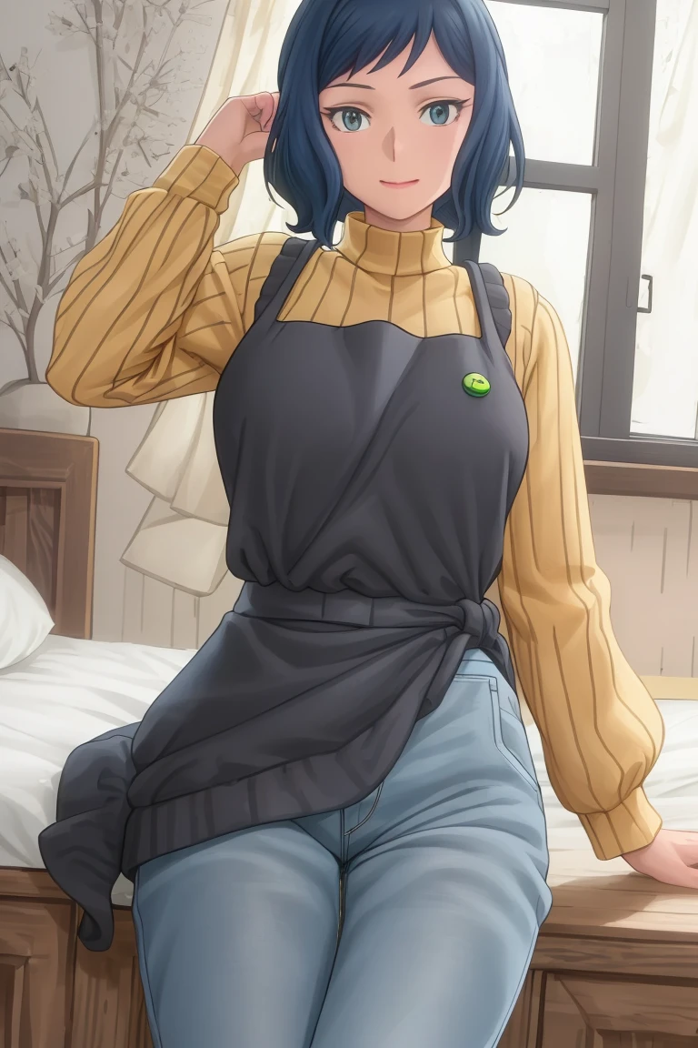 best quality, 
highly detailed, 
masterpiece, 
ultra-detailed, 
(bedroom:1.2), 
(photorealistic:1.1), 
rinko-iori, 
yellow sweater, 
wide hips, 
(black apron:1.1), 
cowboy shot, 
blue eyes, 
armband, 
standing, 
jeans, 
<lora:Rinko_Iori:0.8>,