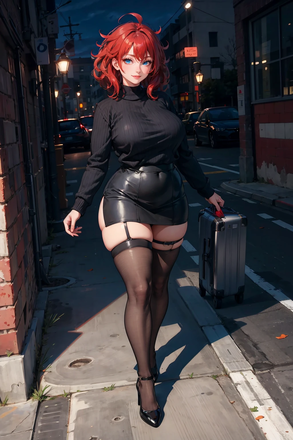 1girl, mature female, curvy, voluptuous, plump, red hair, messy hair, blue eyes, black sweater, black skirt, plated skirt, black thigh highs, thigh strap, city, day, full body, seductive smile, cruel smile, angled view, looking at viewer,