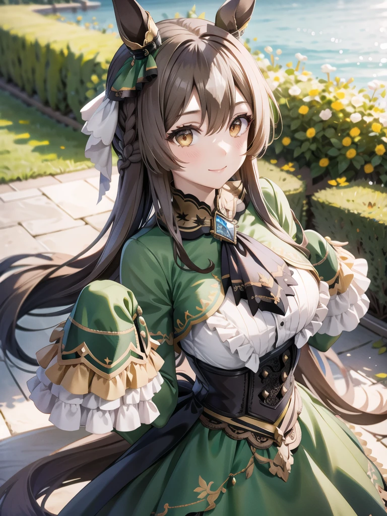 in outdoor, 1 girl, view from above, upper body, aasato, long hair, half updo, braid, hair between eyes, animal ears, ear ornament, horse tail, breasts, frills, black ascot, green dress, (sleeves past wrists:1.2), black thighhighs, upward glance, smile
<lora:satono_diamond_v1-1:0.7> <lora:021arteA5-5:1>