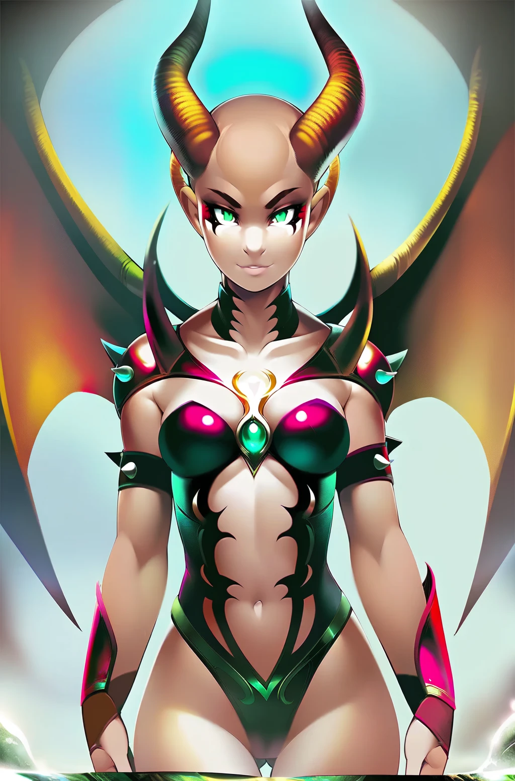 full_shot,full body,Demoness,Sacred,looking_at_viewer,wings,bald,green eyes,1girl,spiked shoulder pad,thigh_boots,<lora:Sacred:0.9>,art by Tsampikos,