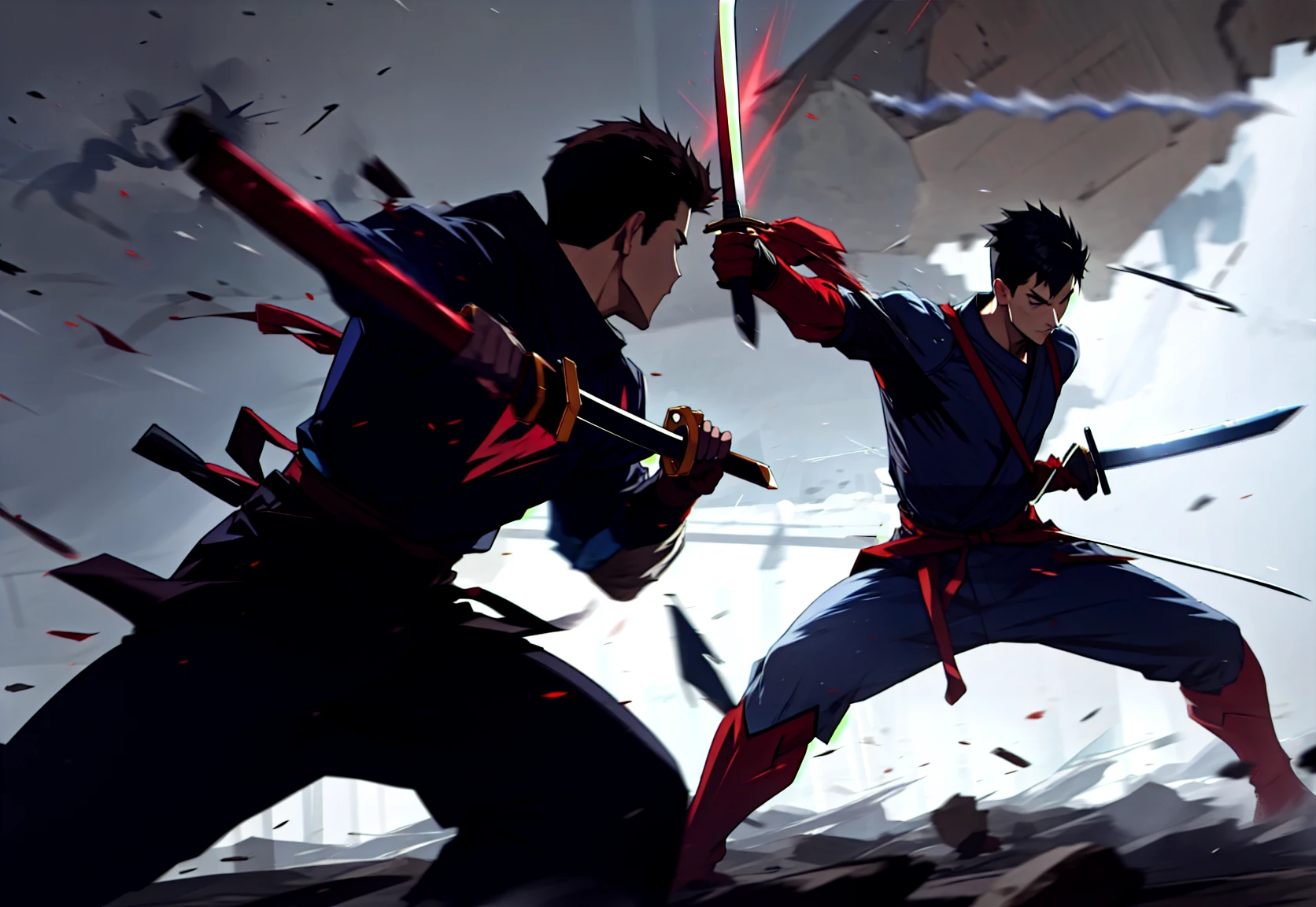 <lora:fight_scene:0.8> fight scene 2 boys fighting, dust, smoke, weapon, katana, holding weapon, dynamic pose, motion blur, emphasis line, sparks, plasma, aura, <lora:UnlimitedBladeWorks1.6:0.6> , KatanaOneHand,