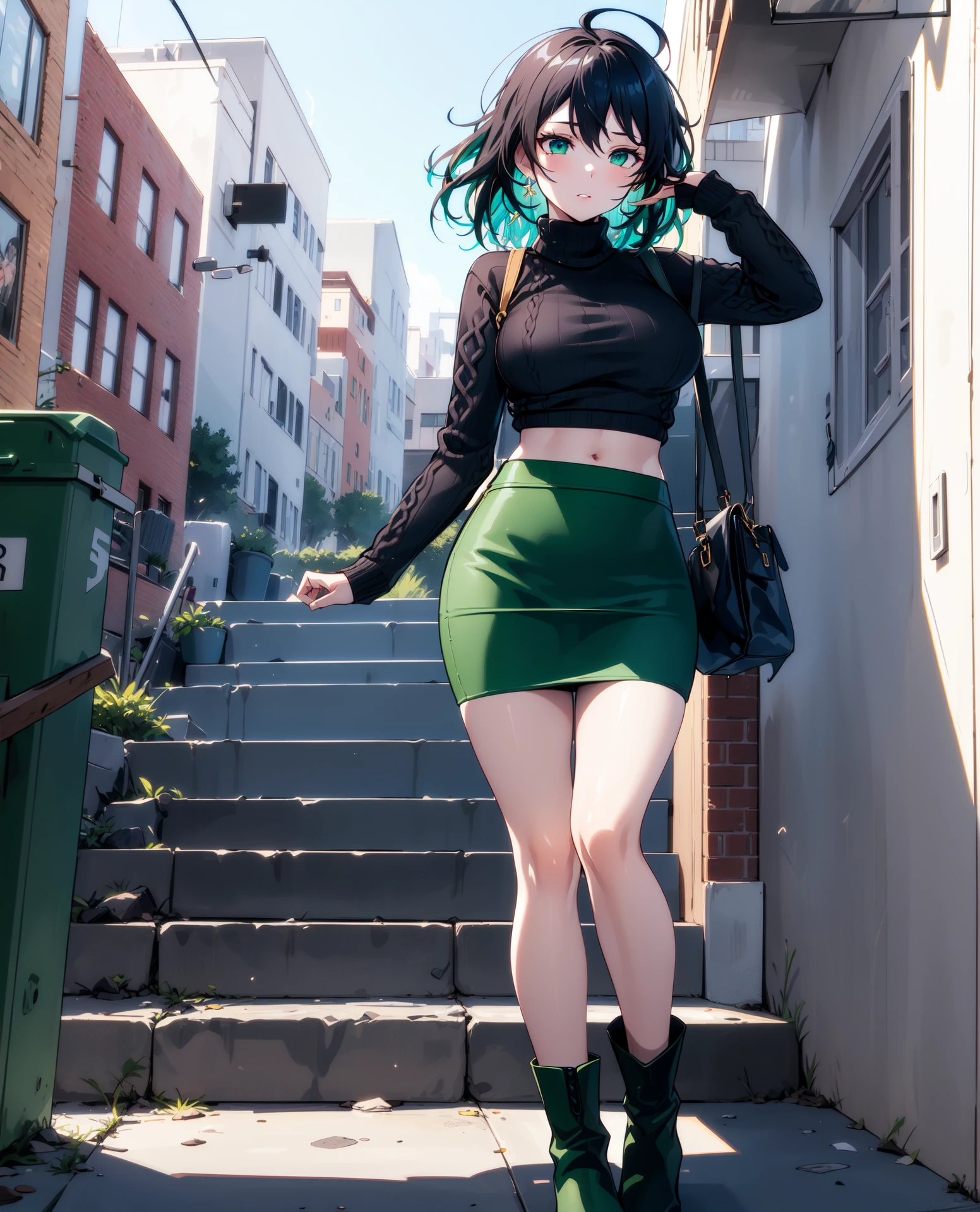 ((masterpiece, best quality, high detailed, detailed eyes:1.2)), 8k uhd, 1girl, slender, solo, <lora:WendyGakuenV1-08:0.7>, wendy gakuen, ((parted lips:1.2)), (large breasts:1.4), medium hair, ((colored inner hair, black hair, green hair)), ((black sweater, green miniskirt, pencil skirt, ankle boots, bare legs:1.4)), outdoors, ((city alley, steps, standing:1.2)), daylight, ((frontal:1.4))