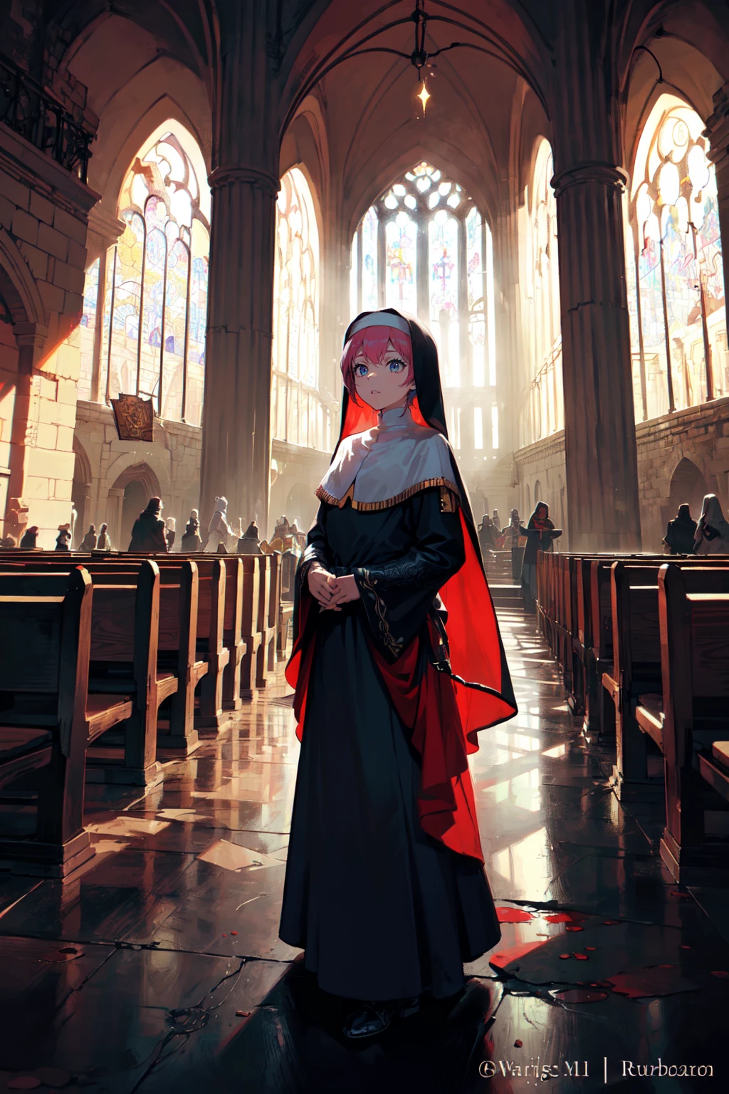 (best quality, masterpiece:1.1), (Intricate detailed:1.2), <lora:Better light:0.5>, ((cowboy shot, 1girl, arrogant face, rainbow hair, very long hair, spiked hair, nun, nun clothes BREAK ( ruin church, ruin, broken building, old castle, vine of wall, Magic jeans on the floor, blood, cosmic horror) in the background, ((fantasy, fantasy world:1.3), ((medieval, medieval age), ancient), )):0.8)