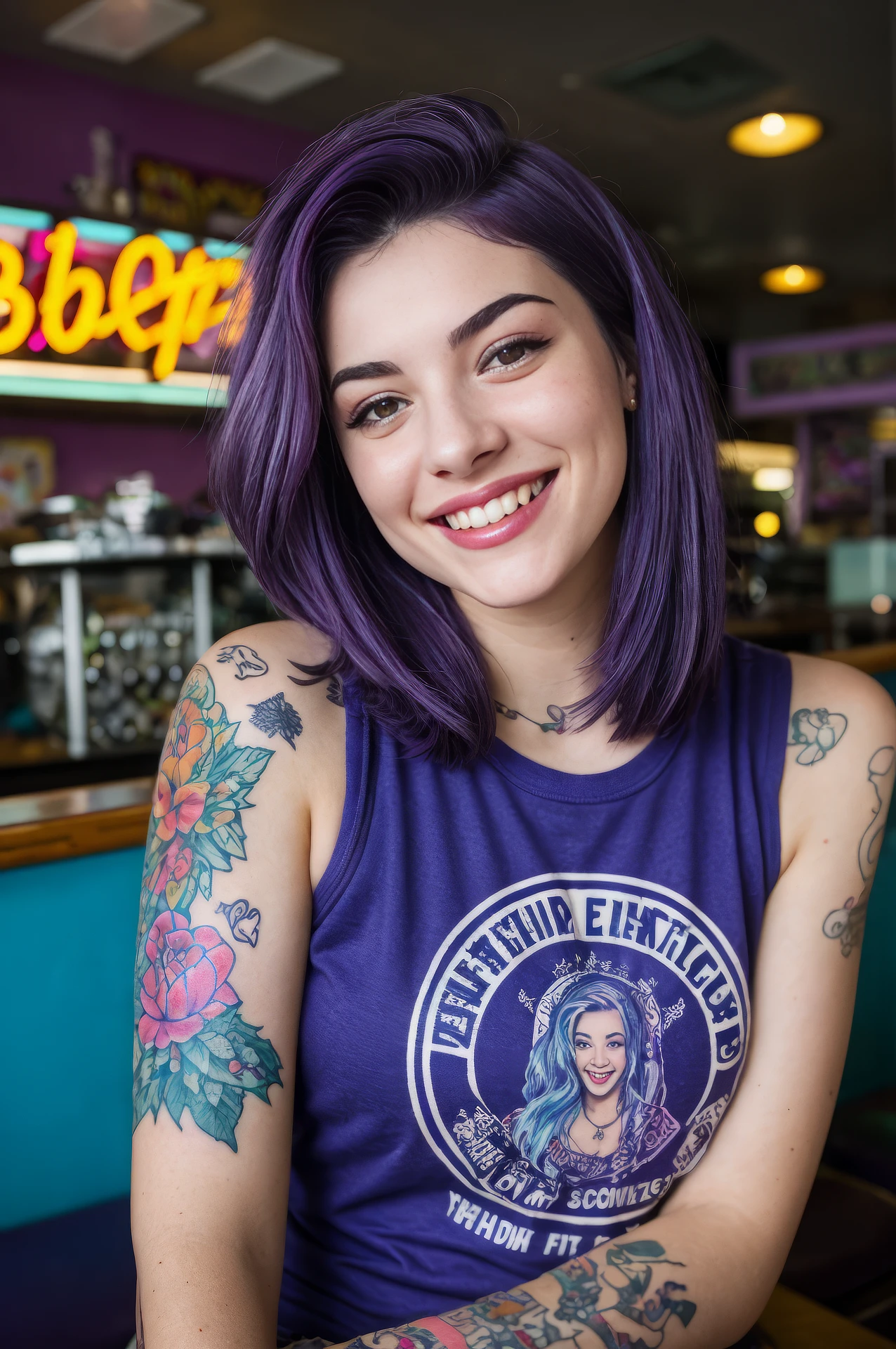 street photography photo of a young woman with purple hair, smile, happy, cute t-shirt, tattoos on her arms, sitting in a 50s diner <lora:detail_slider_v4:3> <lora:LowRA:0.6>