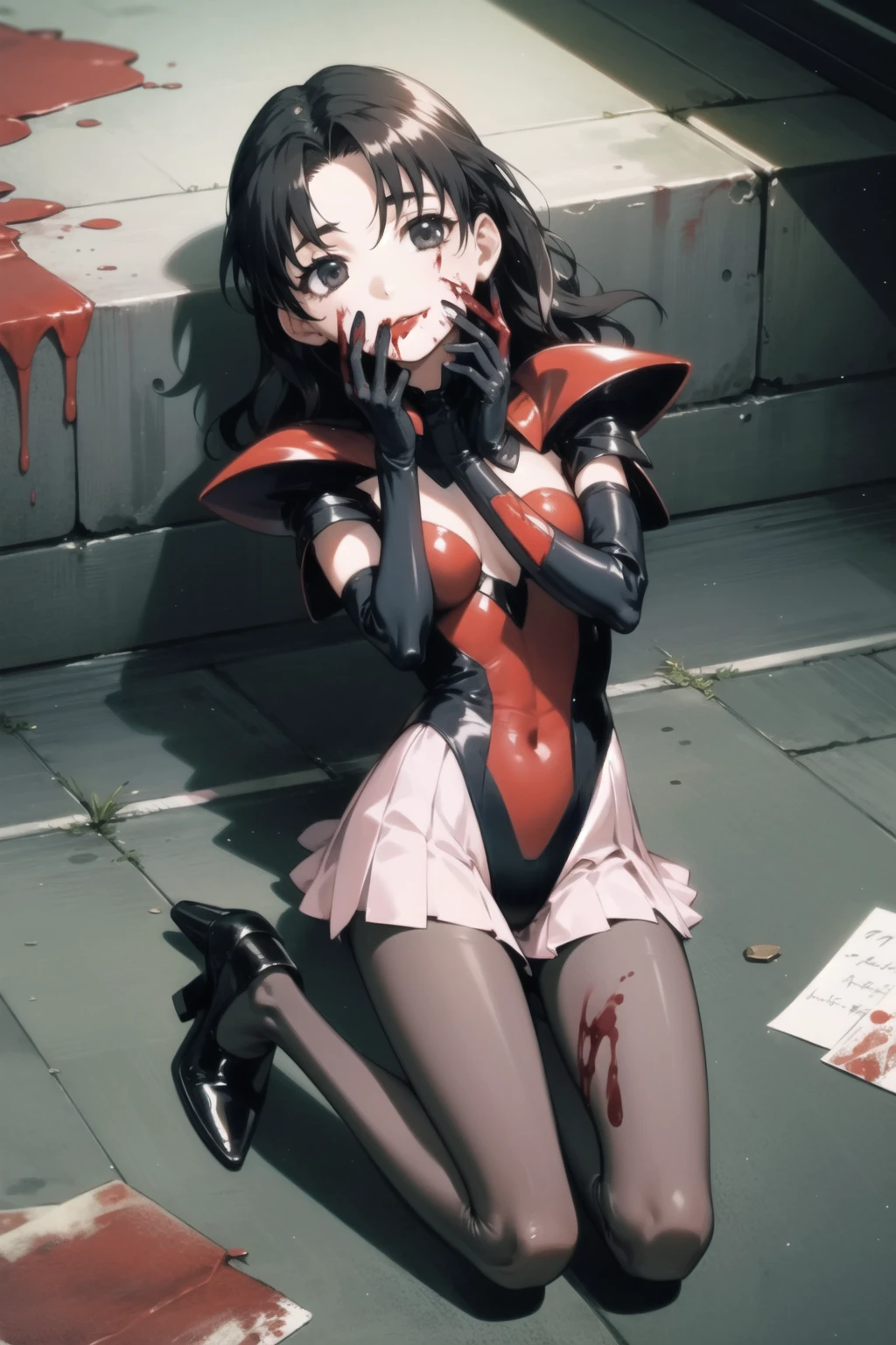 <lora:hyatt-000035:1> hyatt, pauldrons, leotard, skirt, elbow gloves, pantyhose,
1girl, solo, blood in mouth, on floor, covering mouth, hand over own mouth, sick