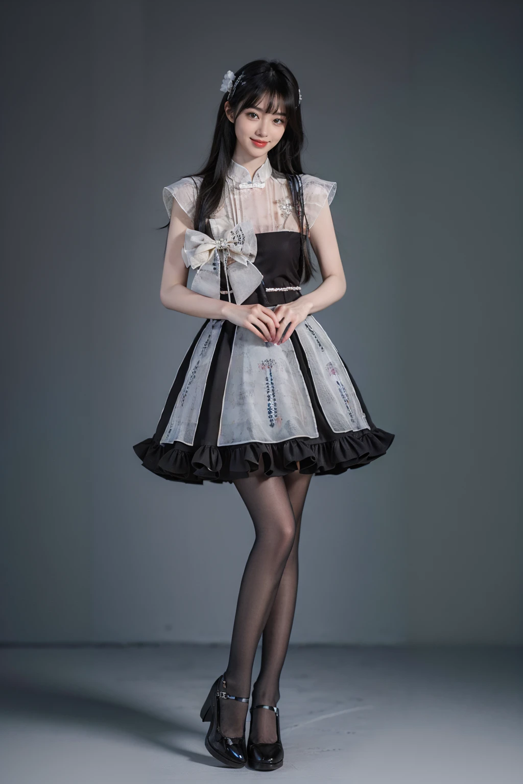 best quality, masterpiece, photorealistic, 1girl, solo, full body, standing, long black straight hair, blunt bangs, looking at viewer, smile, cyb dress, chinese clothes, black pantyhose, high heels, simple background, <lora:cns_dress_vol2_style4_v1:0.7>