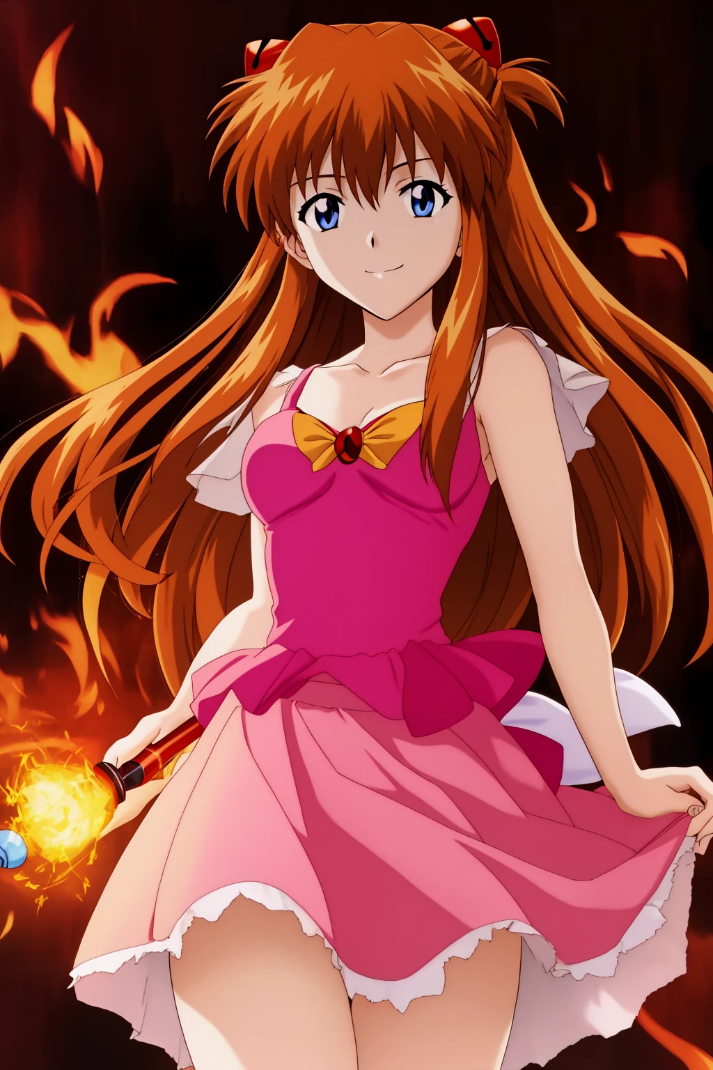 asuka, 1girl, solo, long_hair, breasts, looking_at_viewer, smile, bangs, blue_eyes, orange_brown_hair, small_breasts, magical_girl, pink_dress, pink_skirt, magic, fire, flames, casting_spell, magic_cirlce background,