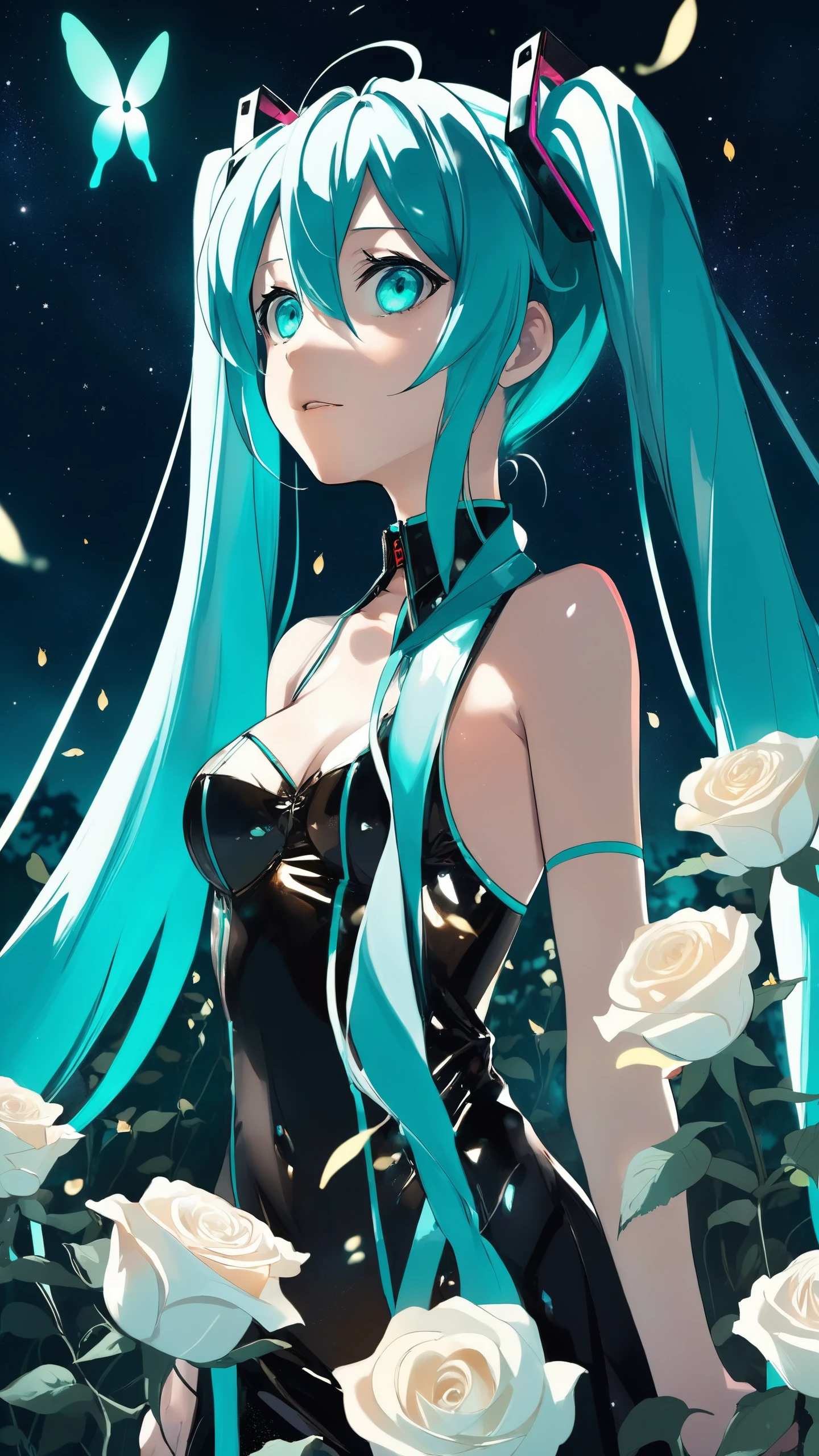face focus, masterpiece, best quality, 1girl, Hatsune miku, goth Hatsune miku, latex clothing, suggestive face, hentai face, white roses, petals, night background, fireflies, light particle, solo, aqua hair with twin tails, aqua eyes, standing, pixiv, depth of field, cinematic composition, best lighting, looking up