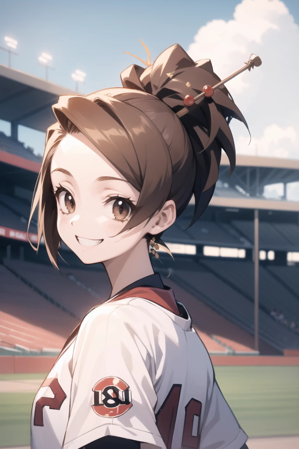 <lora:fuu-000025:1> fuu, hair ornament, hair stick, ponytail,
1girl, baseball, baseball stadium, grin