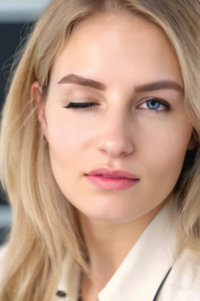 close up portrait photo of an 20 years old european blonde haired woman wears office suite  sitting in office,  (<lora:makeup_050_cosine_iter2_ 0001_sdxl_deamon_10epoches_adafactor-step00008200:0.8> \(winks with one eye at viewer\), one eye open and one eye closed )  , 8k, uhd, realistic, detailed skin, insane detailed, Illumination daylight,