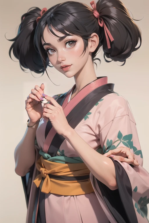 ((masterpiece)),(illustration),best quality,delicate details,refined rendering,Anime style,((Guido Daniele)),comic,((Japan Anime style)),((Menga style)),(((Toon style))),close-up view,1girl,kimono,((solo)),beautiful face,real skin texture,well-proportioned hands,standing,eyeliner,eyelashes,lipstick,eyeshadow,make up,nail polish,hair over one eye,twin tails,bow-shaped hair,Crazy Smile,Looking At Viewer,