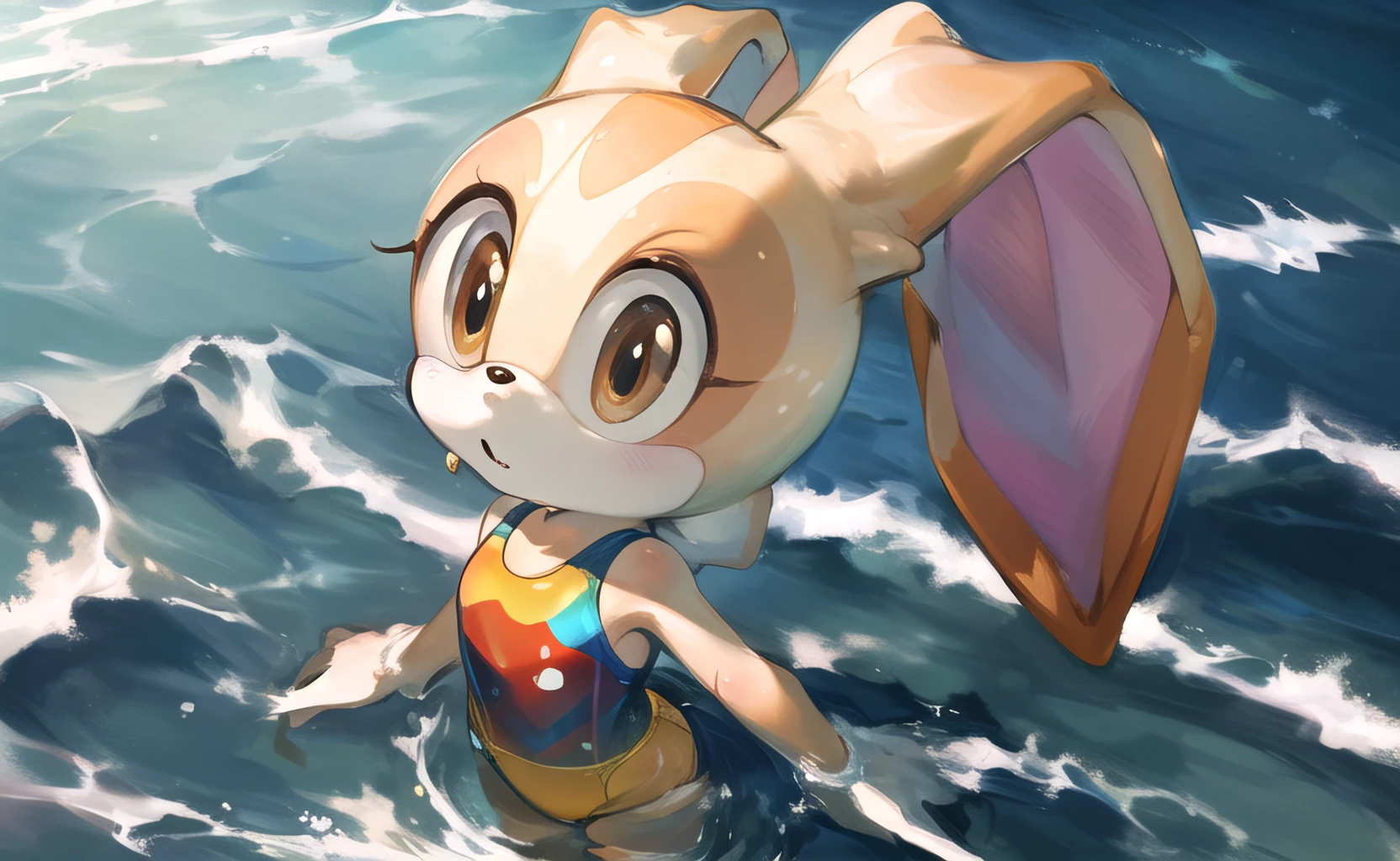 masterpiece, highres, best quality, Cream the Rabbit swimming at the beach in the ocean wearing a patterned swimsuit, bunny tail, masterpiece, beach, water, partially_submerged, water, ocean, foaming_waves, boardwalk, 2d, drawing, illustration, tail, one-piece_swimsuit, (partially_underwater_shot:1.2), <lora:Cream The Rabbit v2 any 512:1>