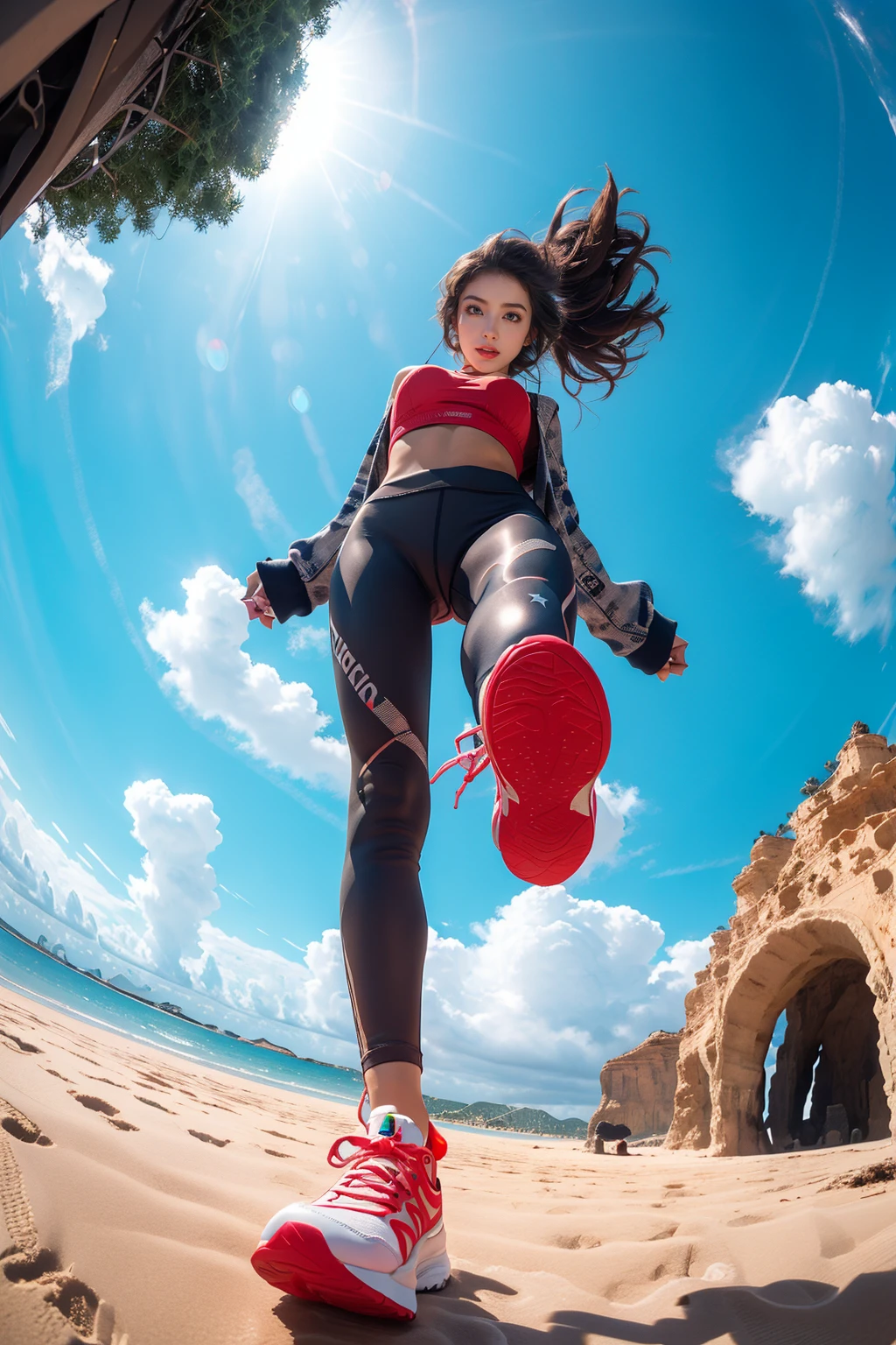 masterpiece,best quality,ultra-detailed,1girl,from below,full body,Fisheye lens,walking,sand,solo,<lora:ä»°æè§è§V1.2:0.7>,yoga_pants,sports underwear,sneakers,