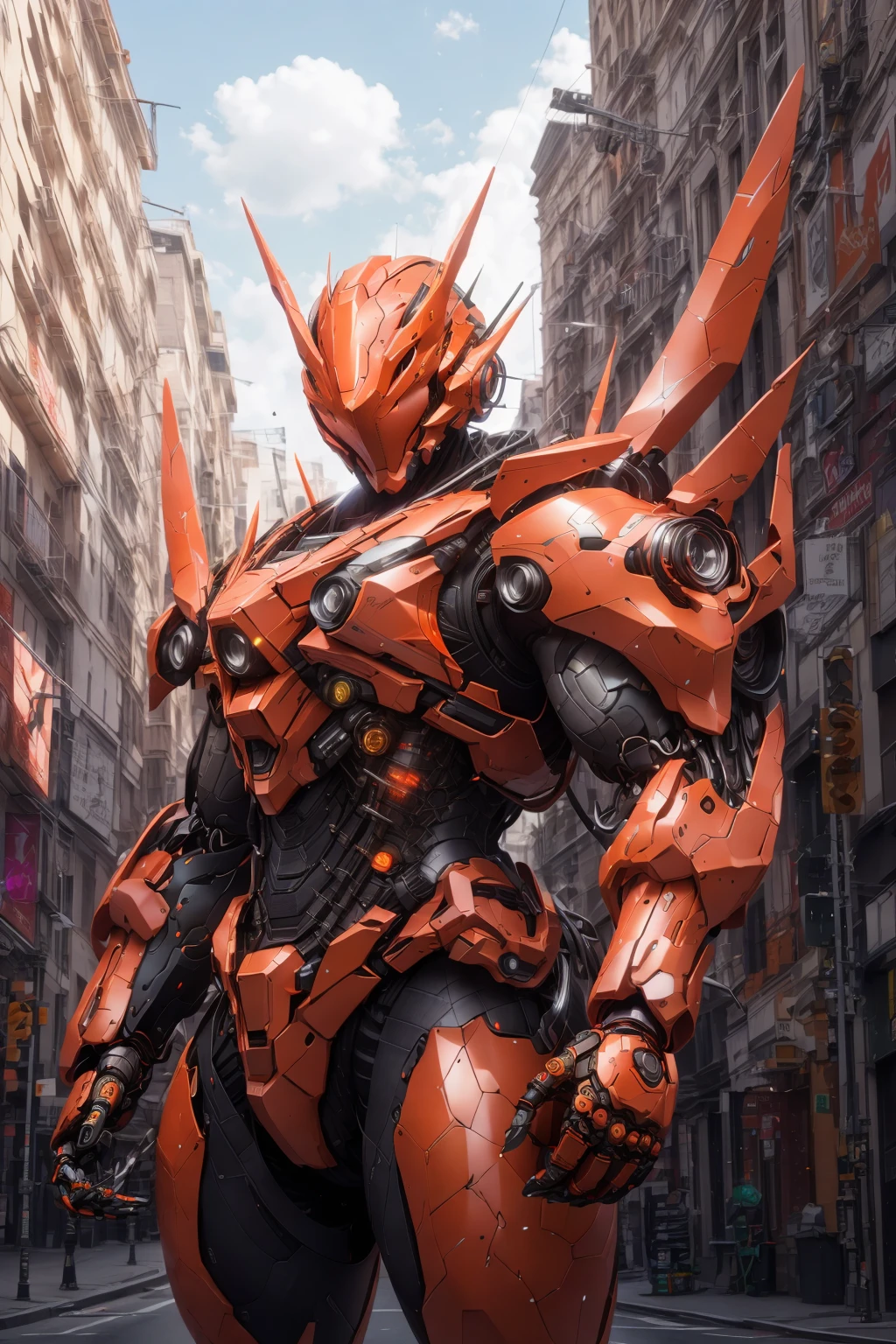 <lora:LoHa_SuperMekV1:0.7>
masterpiece, highly detailed photorealistic 8k raw photo, best cinematic quality, volumetric lighting and shadows, glowing and reflective Hunter Blaze Orange robotic sprmk, Futuristic Cityscape background, giant weapons on both hands